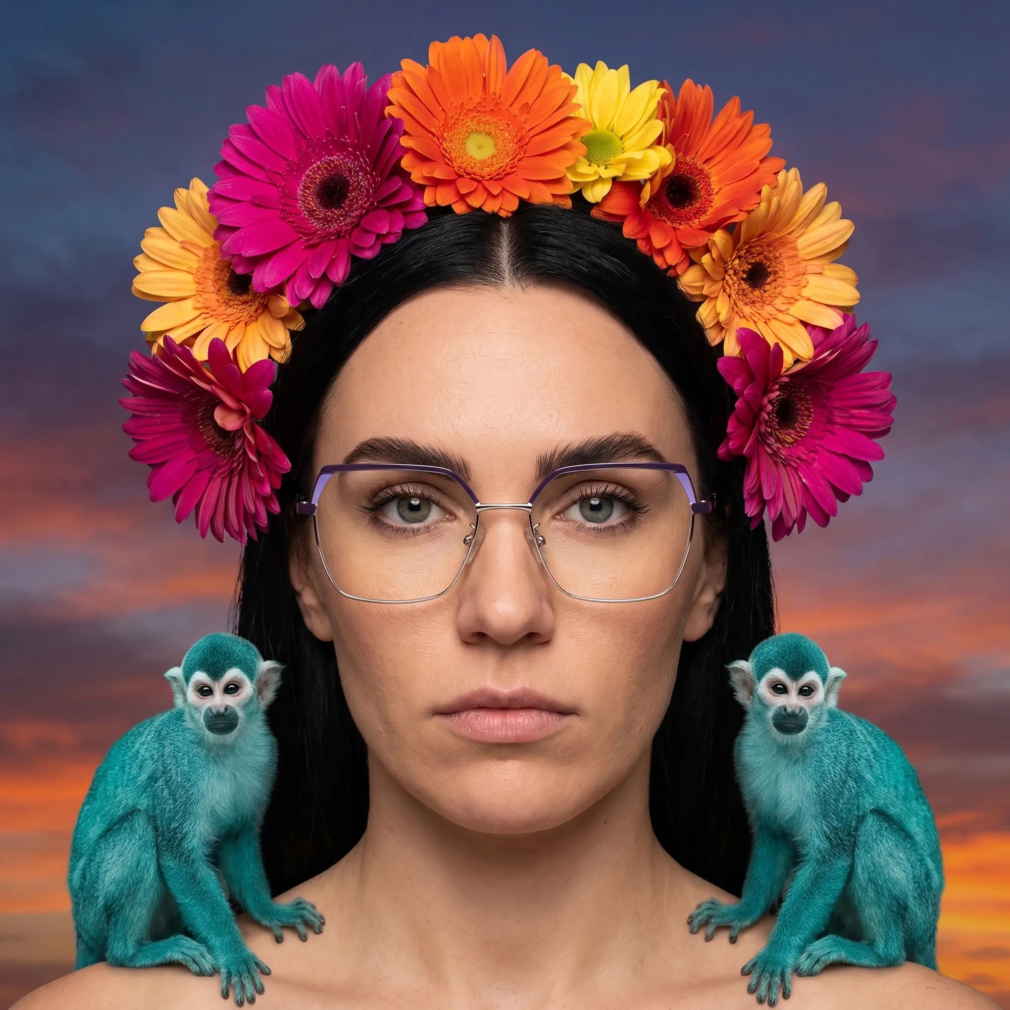 Fiore 3971 eyeglasses in purple silver, worn by a model – campaign portrait, surreal painted portrait with flower crown