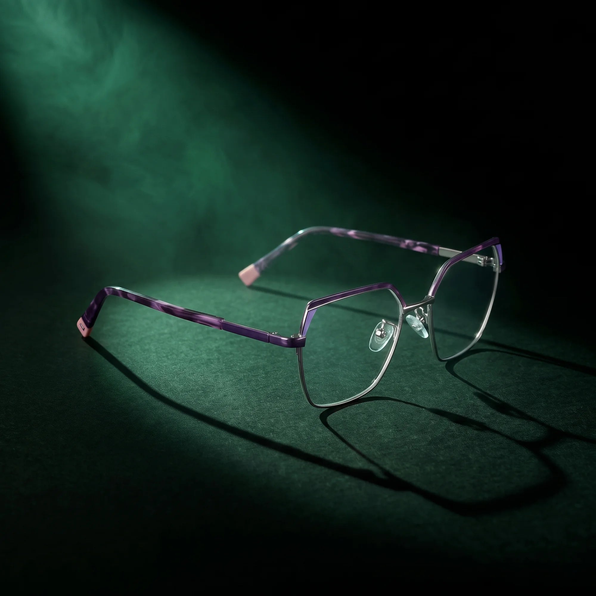 Fiore 3971 eyeglasses in purple silver – under a theatrical beam of light