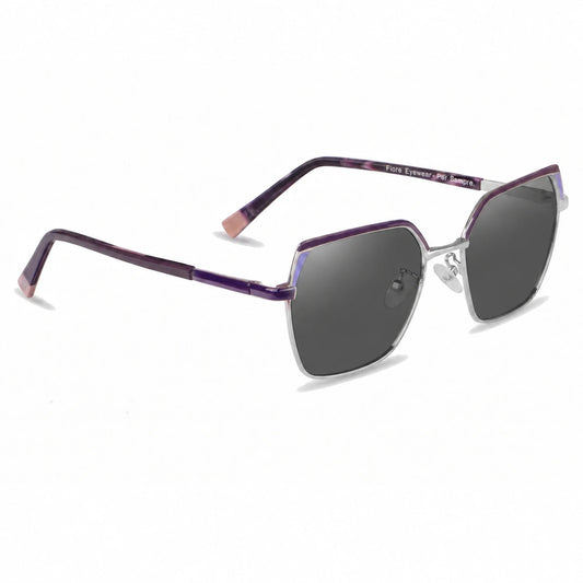 Fiore 3971 geometric sunglasses, purple steel frame, black polarized lens, three-quarter view · ReFramed