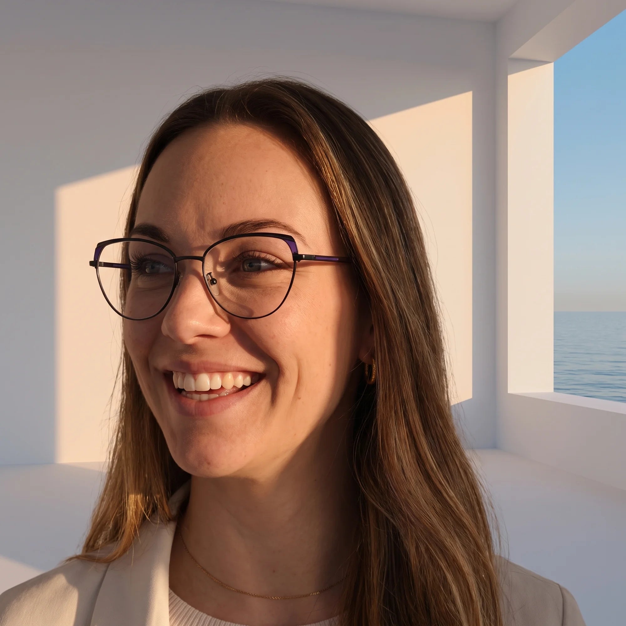 Fiore 3983 eyeglasses in black blue, worn by a model – campaign portrait, smiling at a bright window over the sea