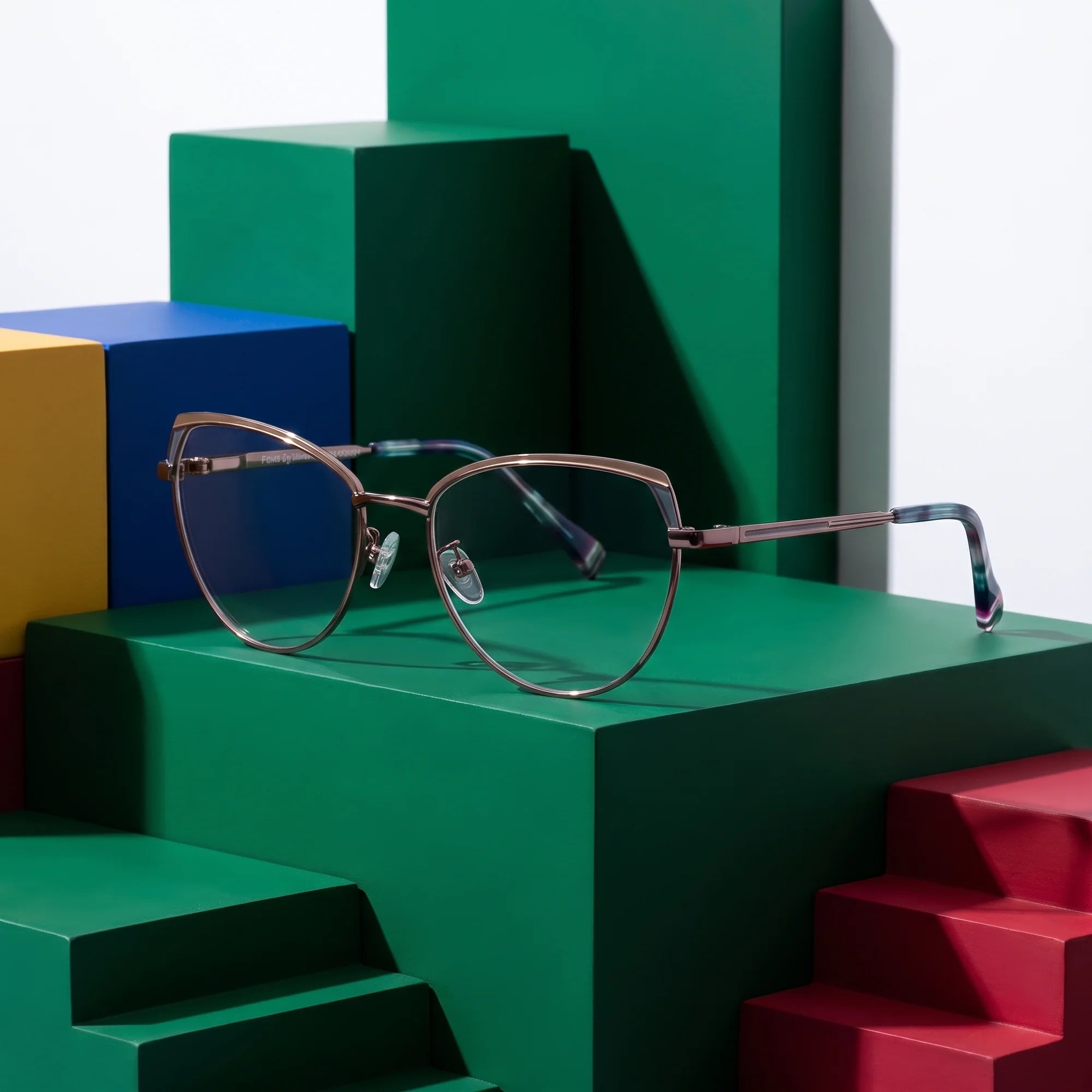 Fiore 3983 eyeglasses in grey gun – on bold primary color-block steps