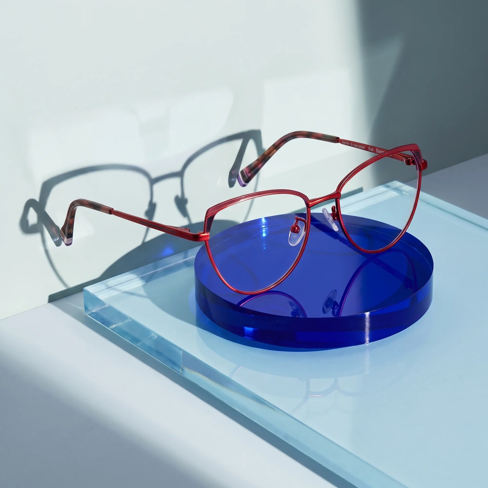 Fiore 3983 eyeglasses in red black – on a cobalt acrylic disc in soft daylight