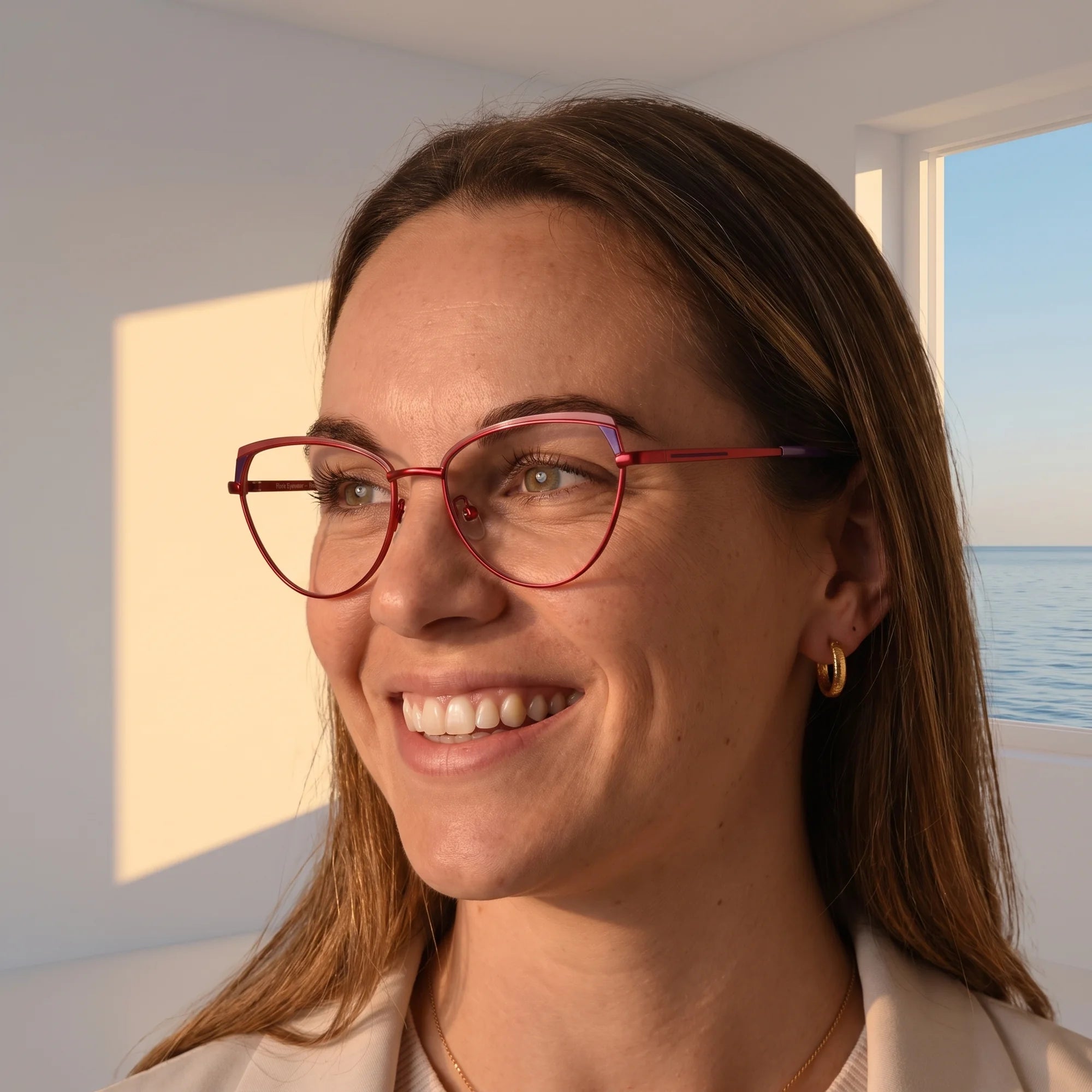 Fiore 3983 eyeglasses in red black, worn by a model – campaign portrait, smiling at a bright window over the sea