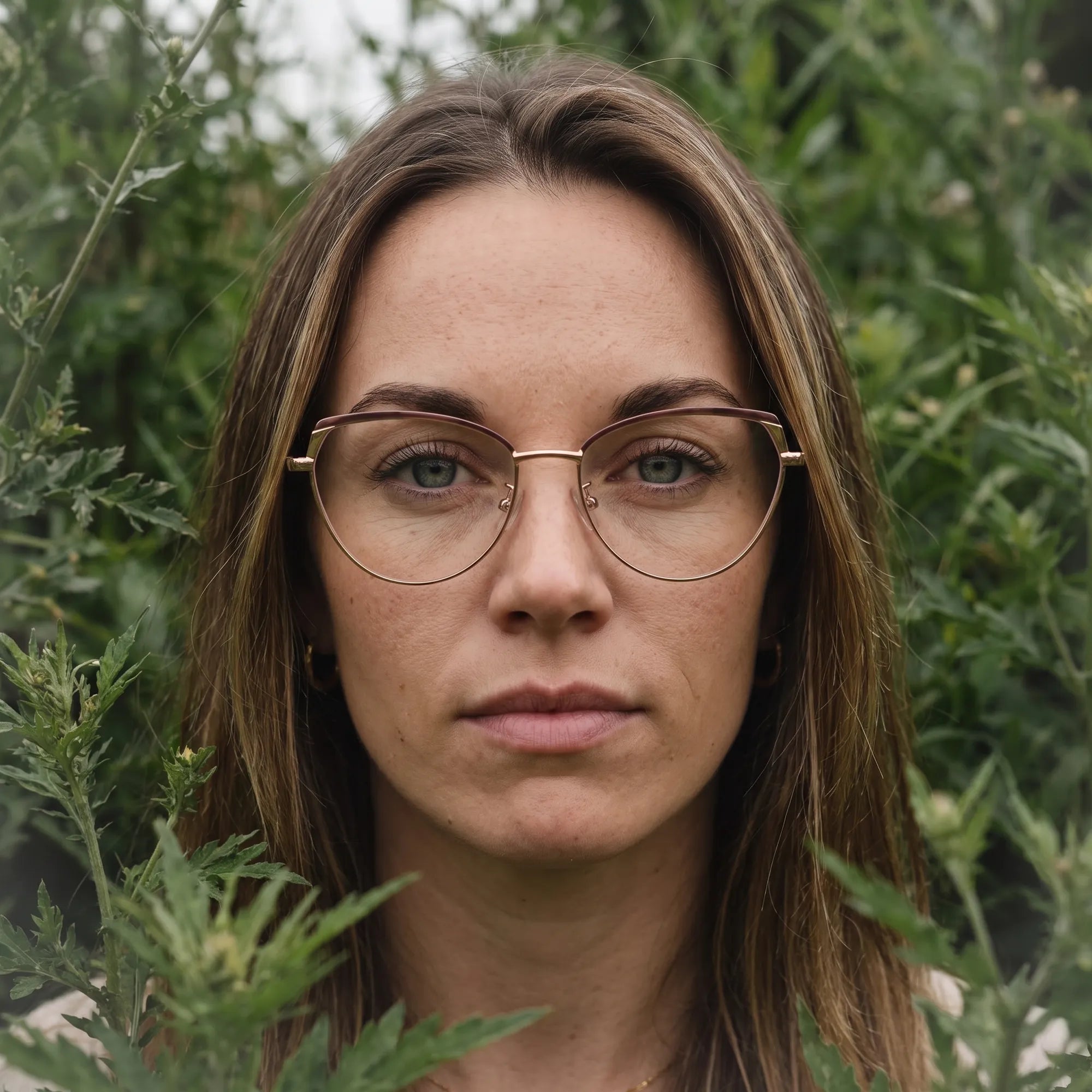 Fiore 3983 eyeglasses in brown gold, worn by a model – campaign portrait, summer daydream in a garden armchair