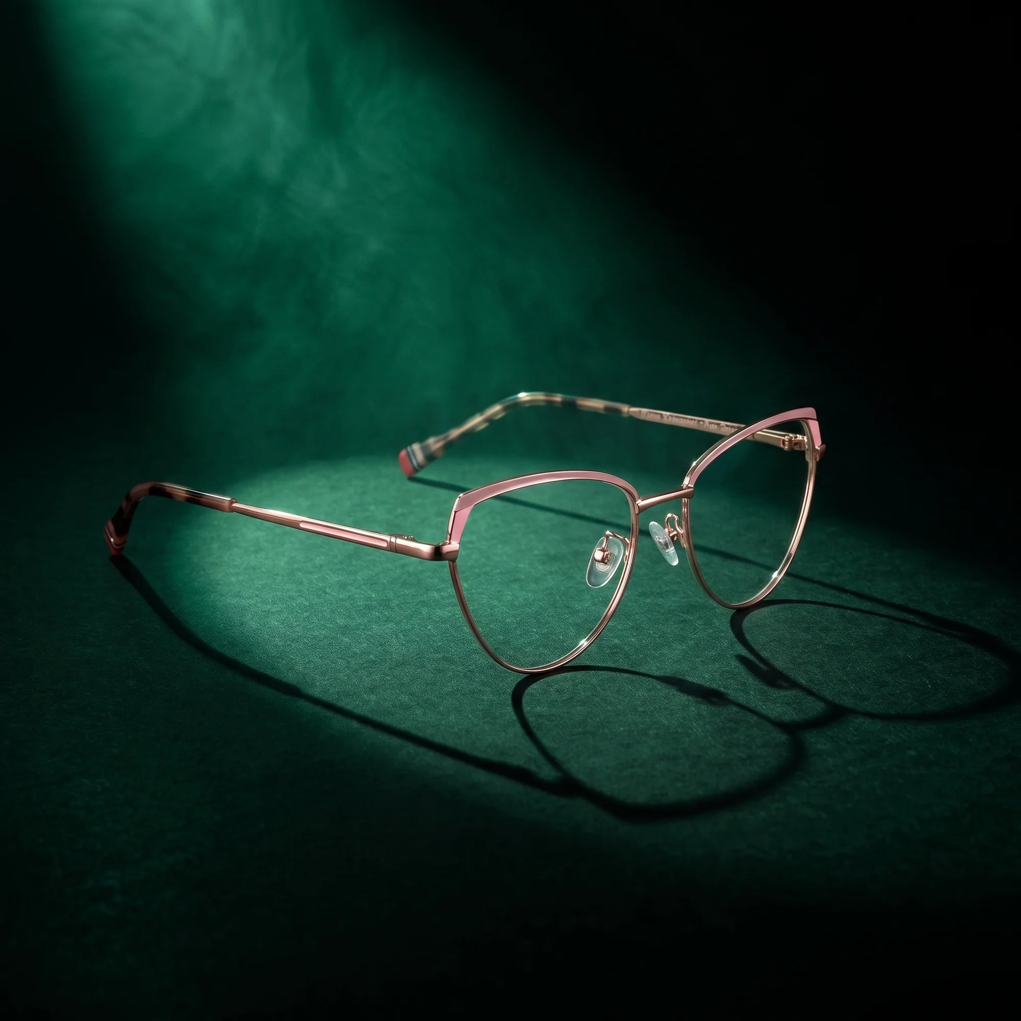 Fiore 3983 eyeglasses in pink gold – under a theatrical beam of light