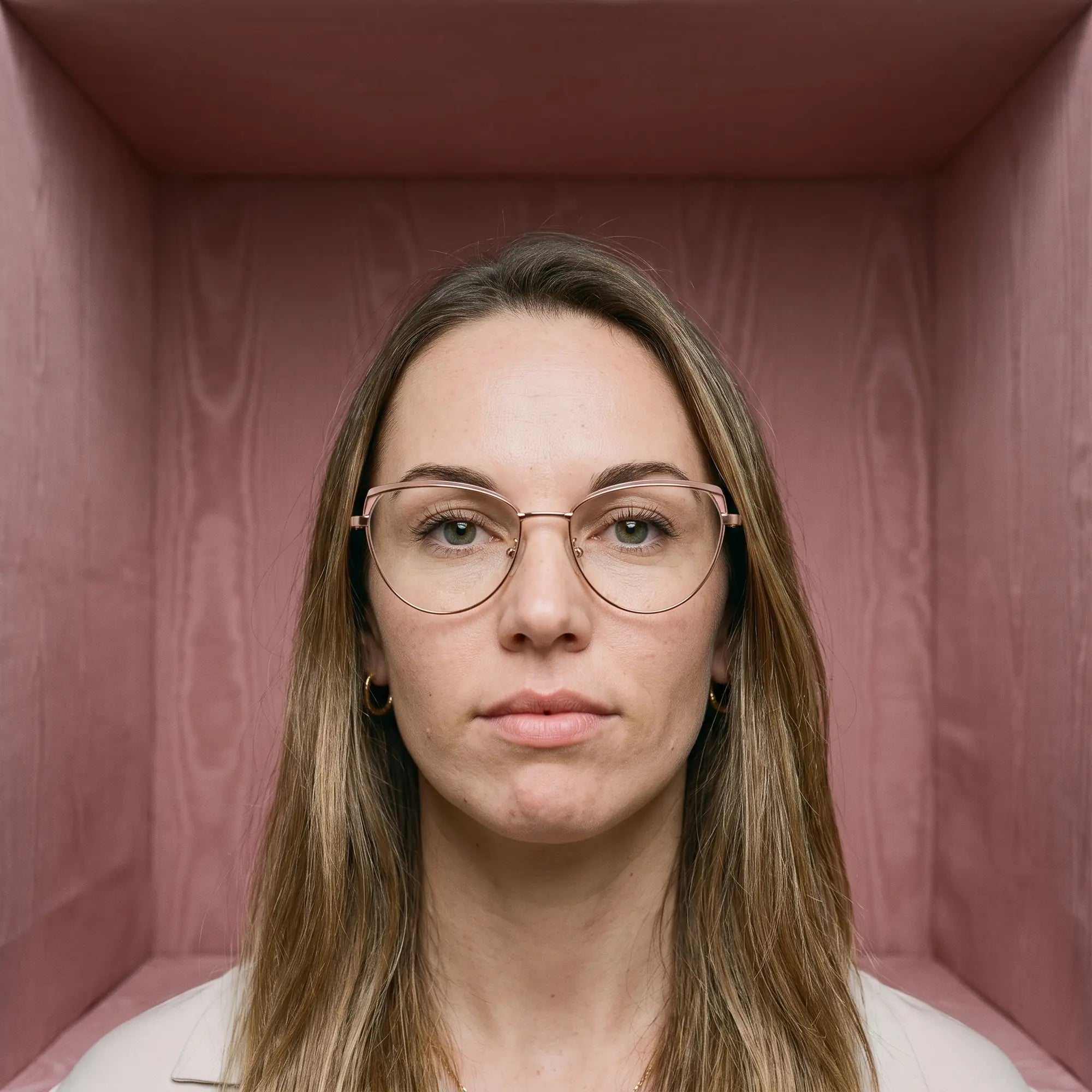 Fiore 3983 eyeglasses in pink gold, worn by a model – campaign portrait, face framed by rose moire upholstery