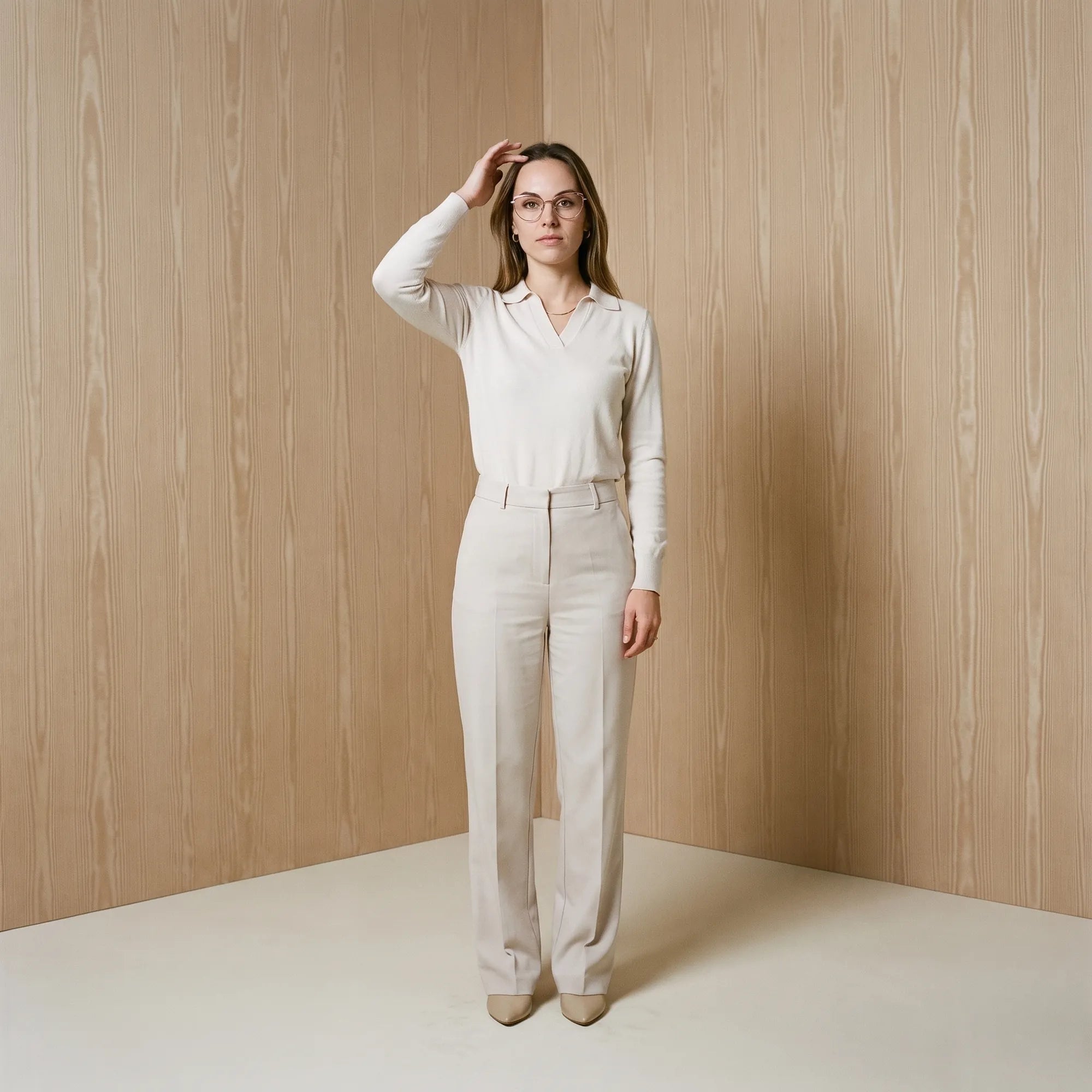 Fiore 3983 eyeglasses in pink gold, worn by a model – campaign portrait, soft portrait in blush moire tones