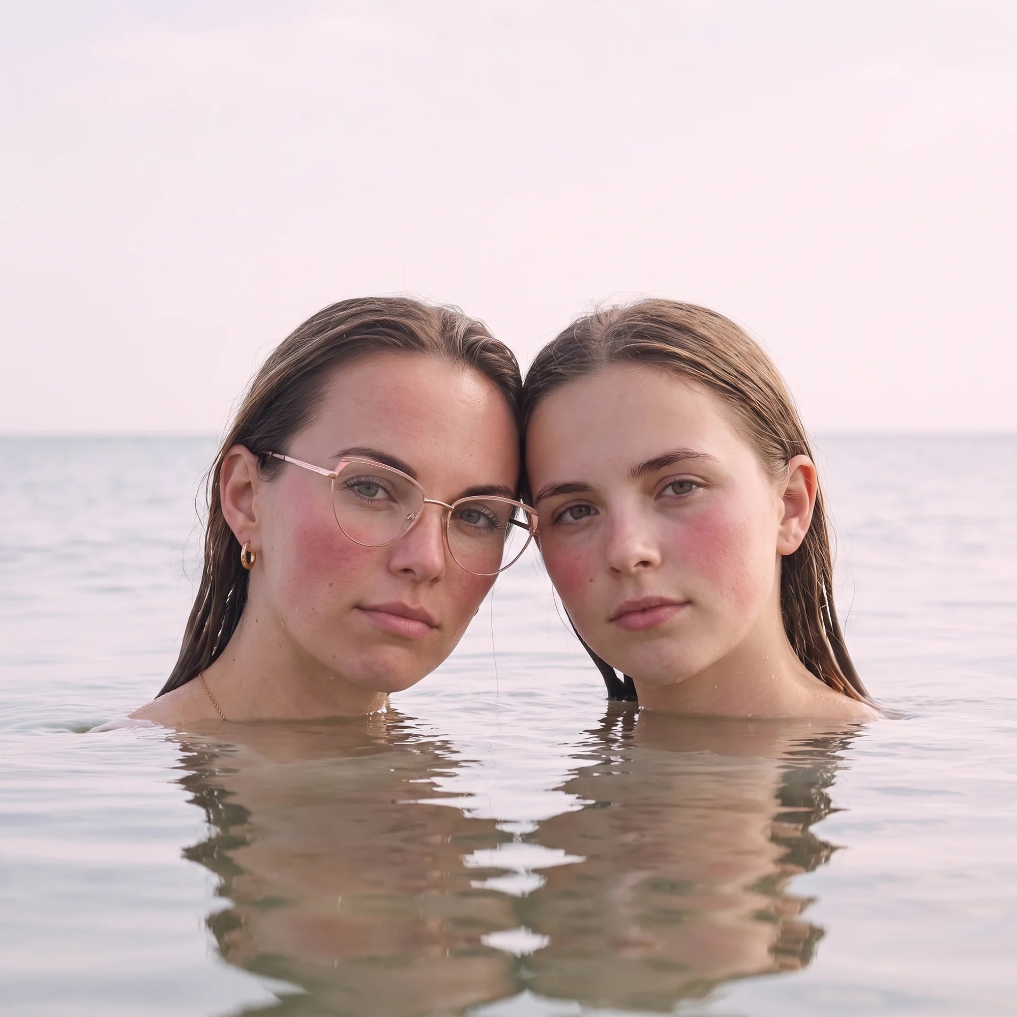 Fiore 3983 eyeglasses in pink gold, worn by a model – campaign portrait, wet-hair portrait in a calm summer sea