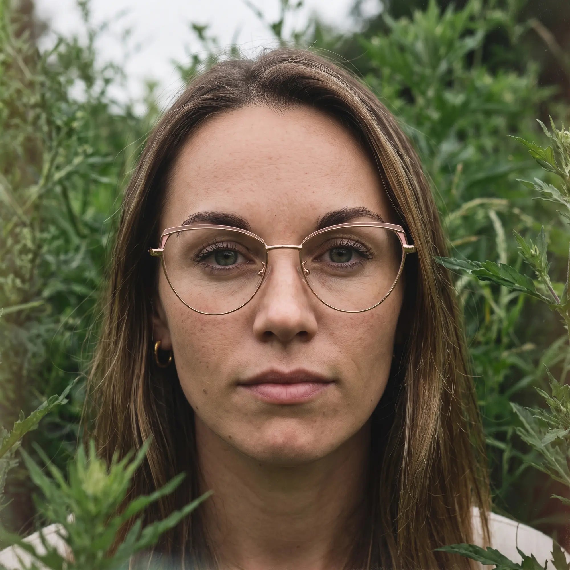 Fiore 3983 eyeglasses in pink gold, worn by a model – campaign portrait, summer daydream in a garden armchair