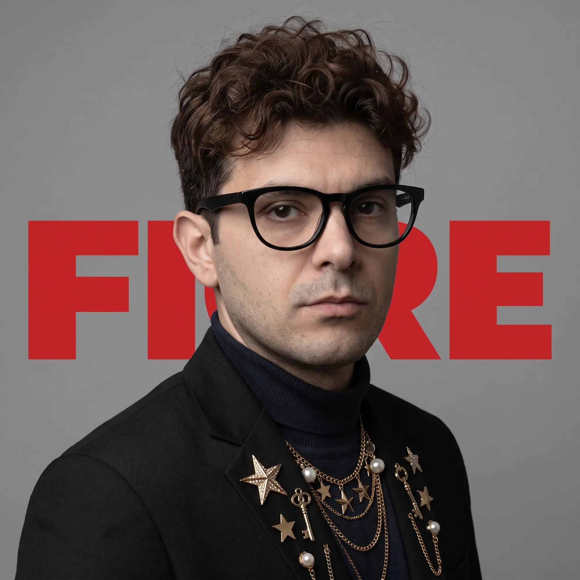 Fiore 4488 eyeglasses in black, worn by a model – campaign portrait, graphic studio portrait with bold red shapes