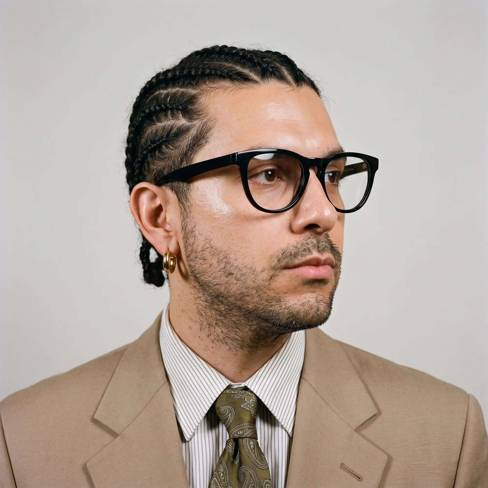 Fiore 4488 eyeglasses in black, worn by a model – campaign portrait, clean beige studio three-quarter portrait