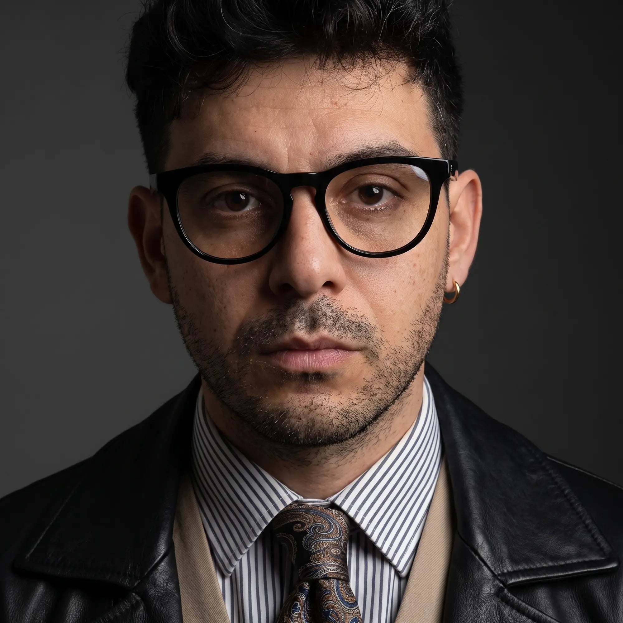 Fiore 4488 eyeglasses in black, worn by a model – campaign portrait, minimal studio portrait in soft daylight