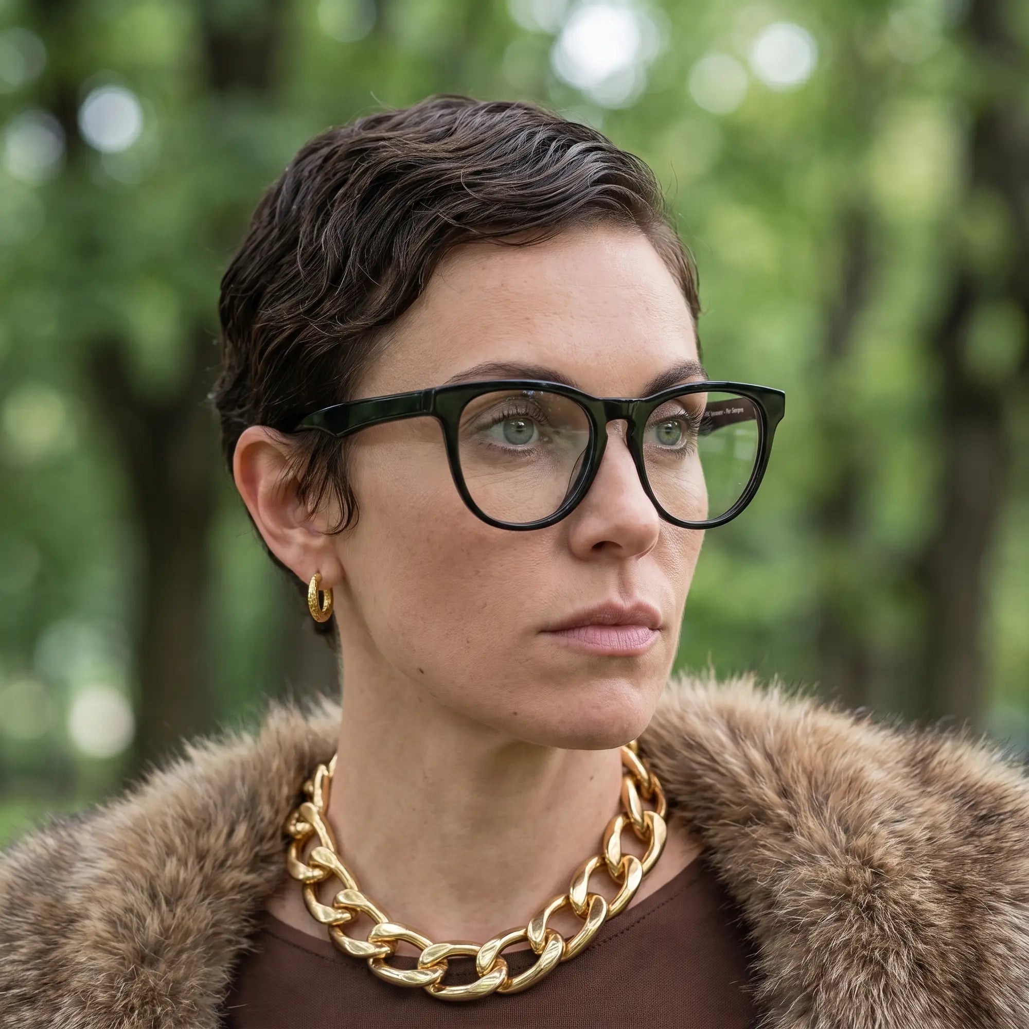 Fiore 4488 eyeglasses in black, worn by a model – campaign portrait, fur-collar portrait in dappled daylight