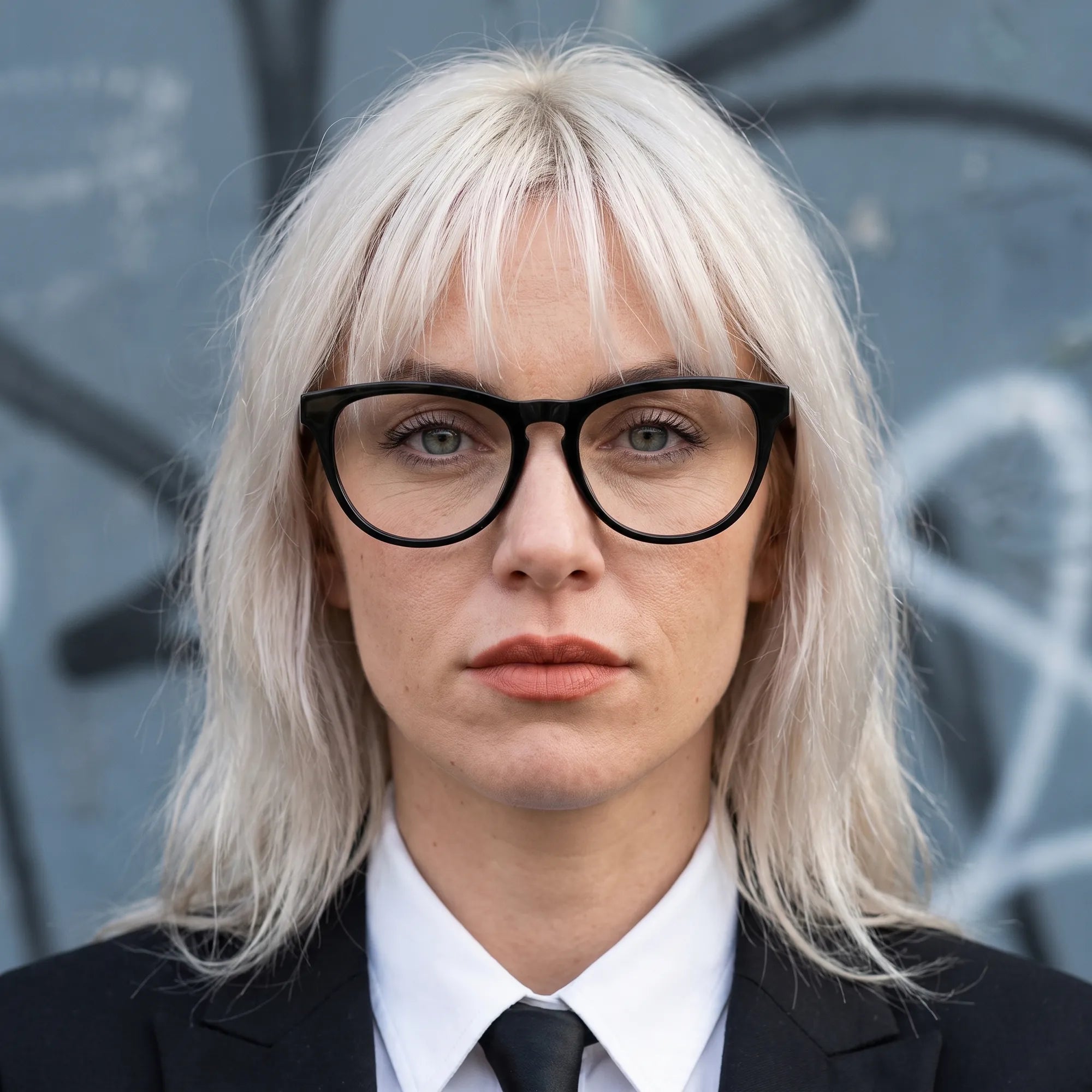 Fiore 4488 eyeglasses in black, worn by a model – campaign portrait, confident portrait with gold chain necklace