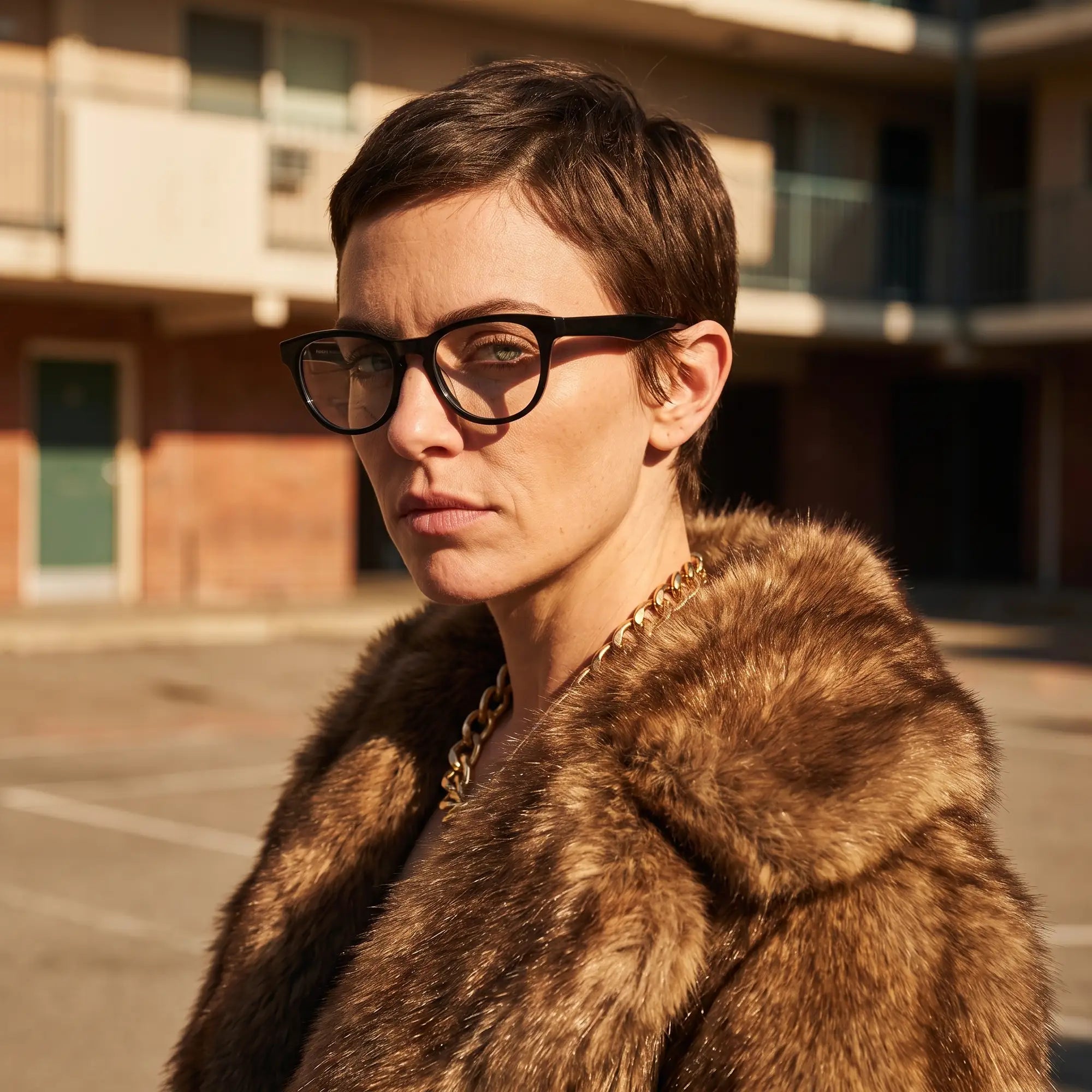 Fiore 4488 eyeglasses in black, worn by a model – campaign portrait, street portrait rooted in city heritage
