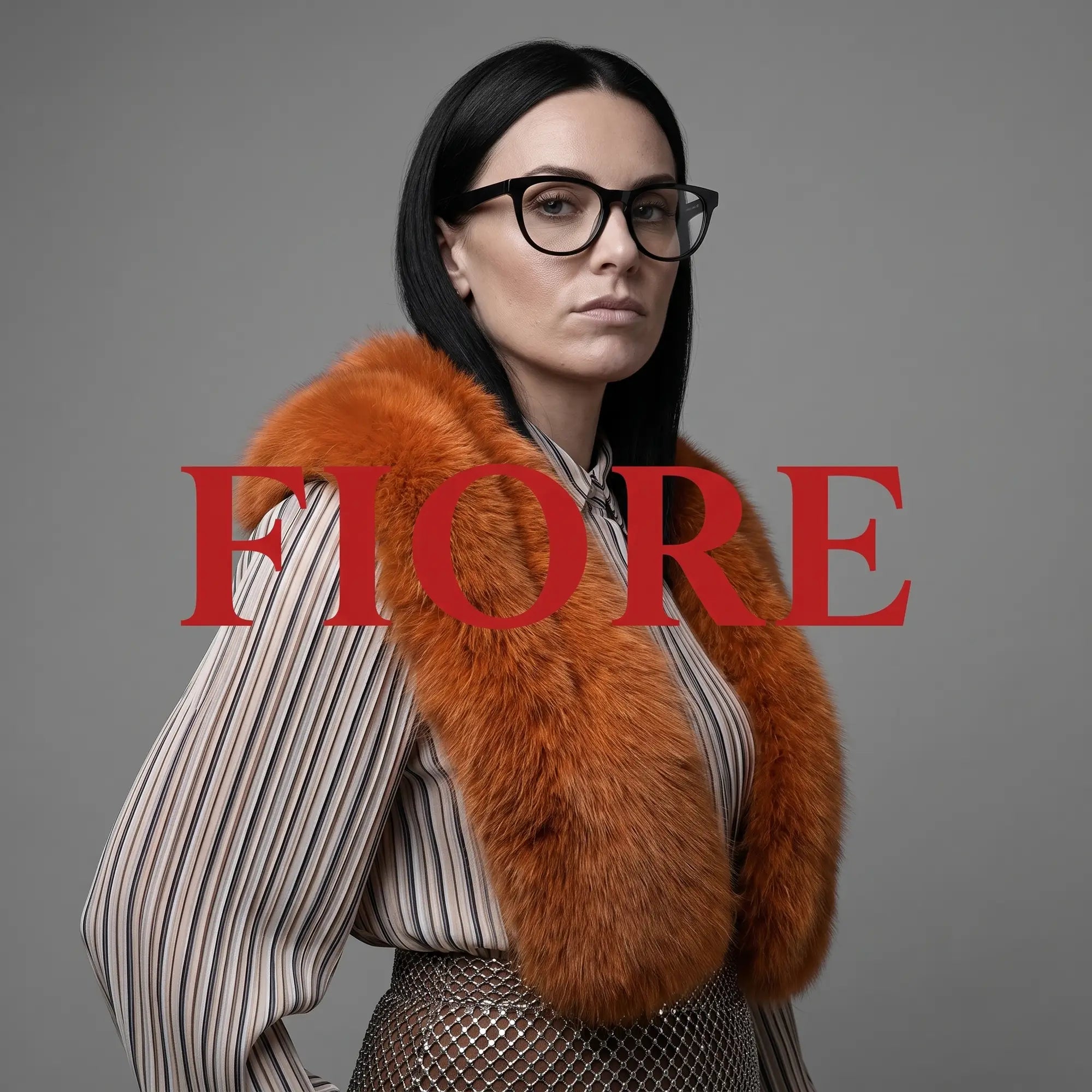 Fiore 4488 eyeglasses in black, worn by a model – campaign portrait, bold studio pose in vintage tweed