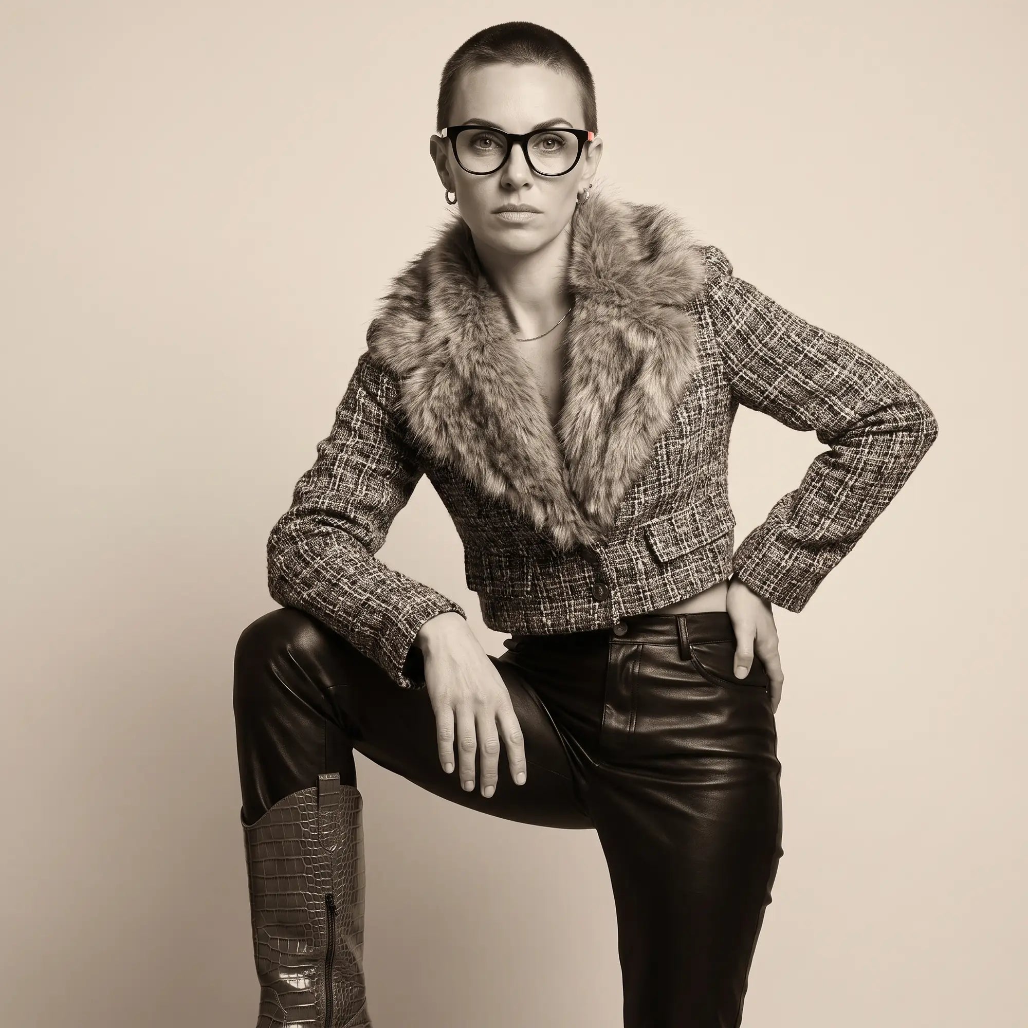 Fiore 4488 eyeglasses in black, worn by a model – campaign portrait, full-length studio portrait in tweed and leather