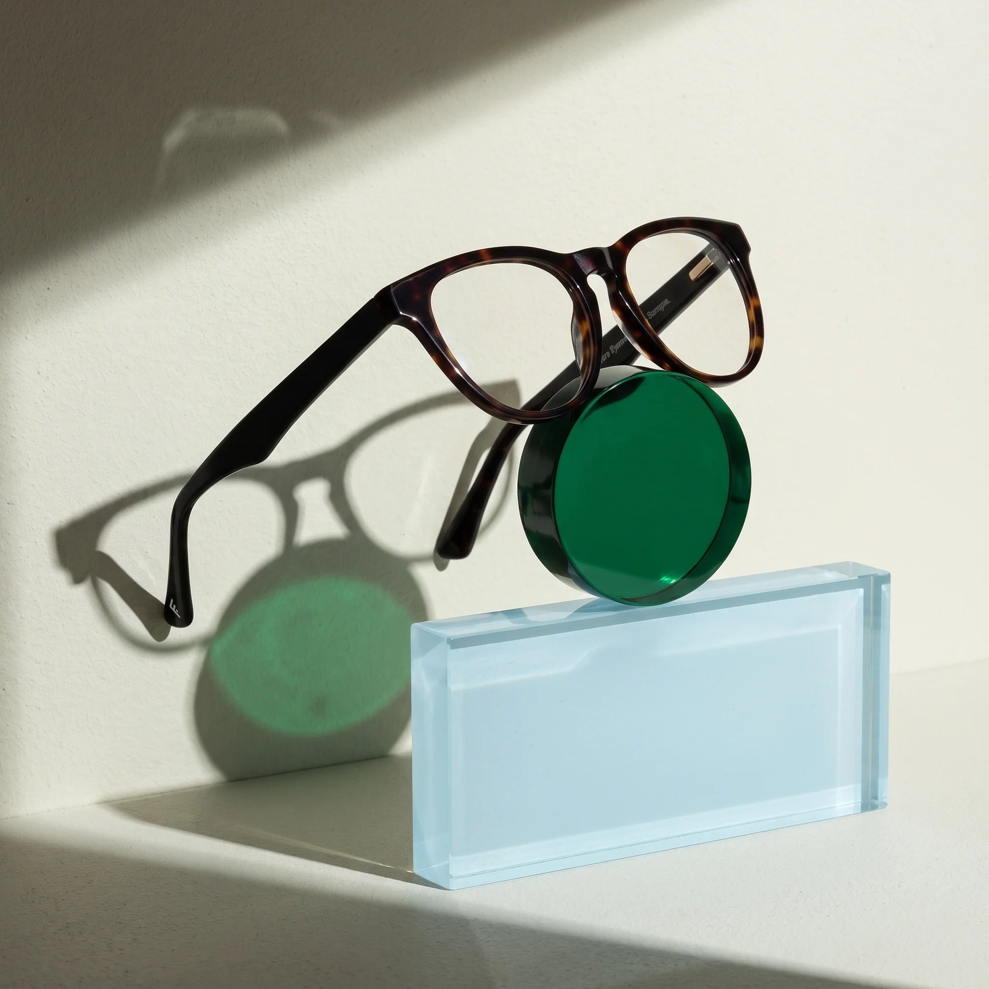 Fiore 4488 eyeglasses in tortoiseshell – on a cobalt acrylic disc in soft daylight