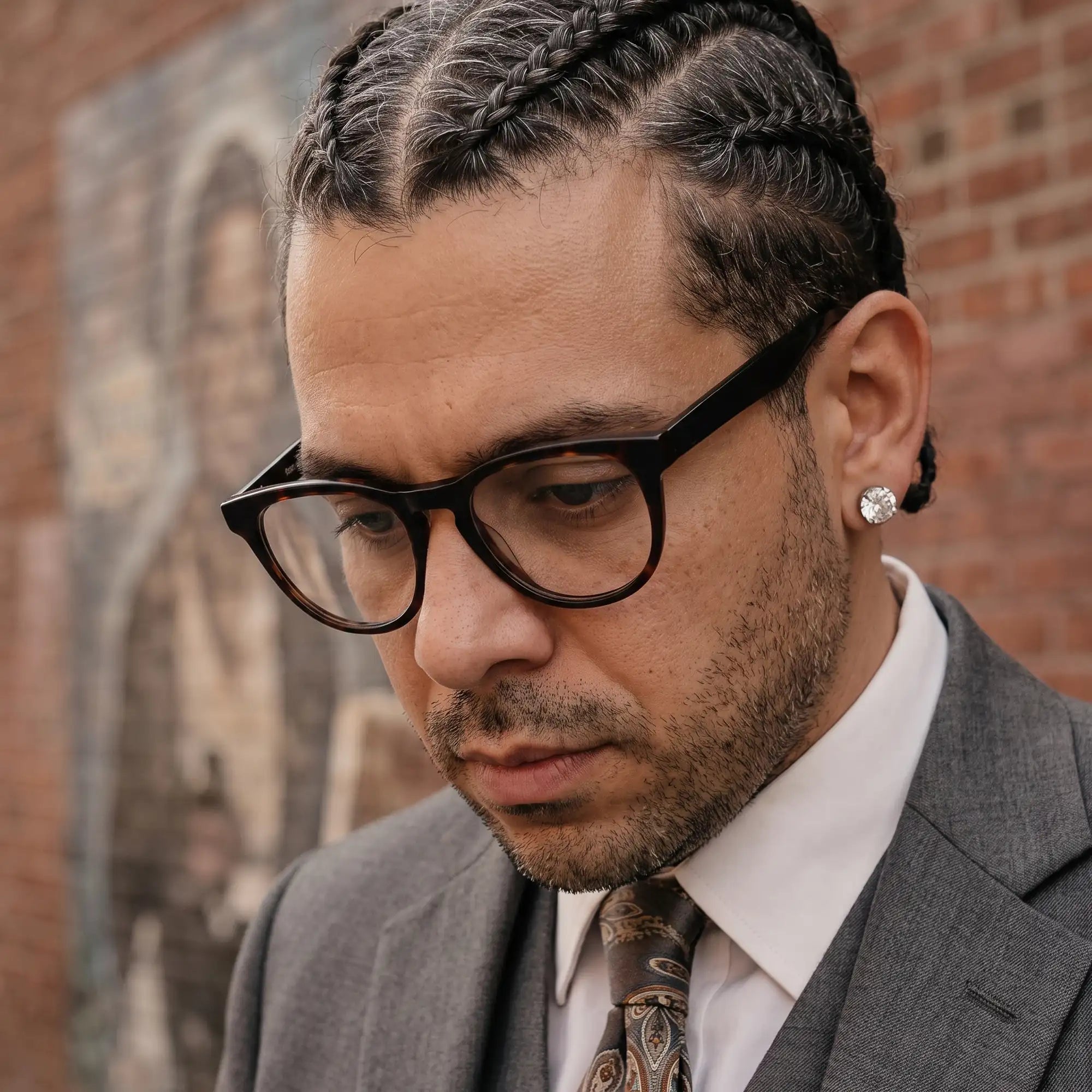 Fiore 4488 eyeglasses in tortoiseshell, worn by a model – campaign portrait, pensive portrait against a painted brick mural