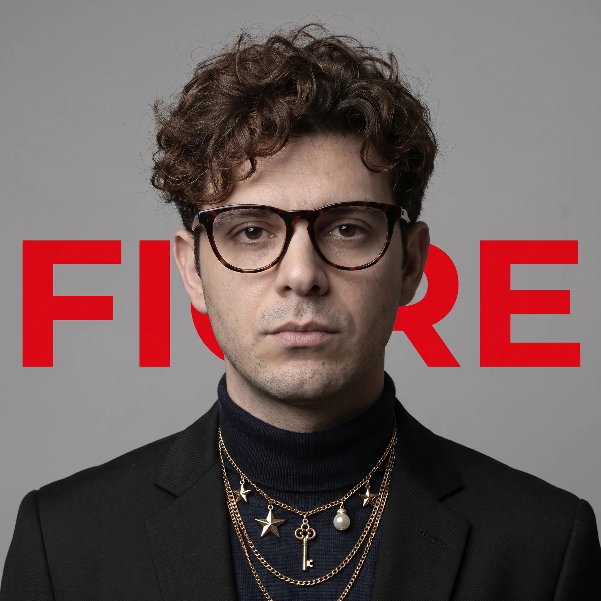 Fiore 4488 eyeglasses in tortoiseshell, worn by a model – campaign portrait, graphic studio portrait with bold red shapes