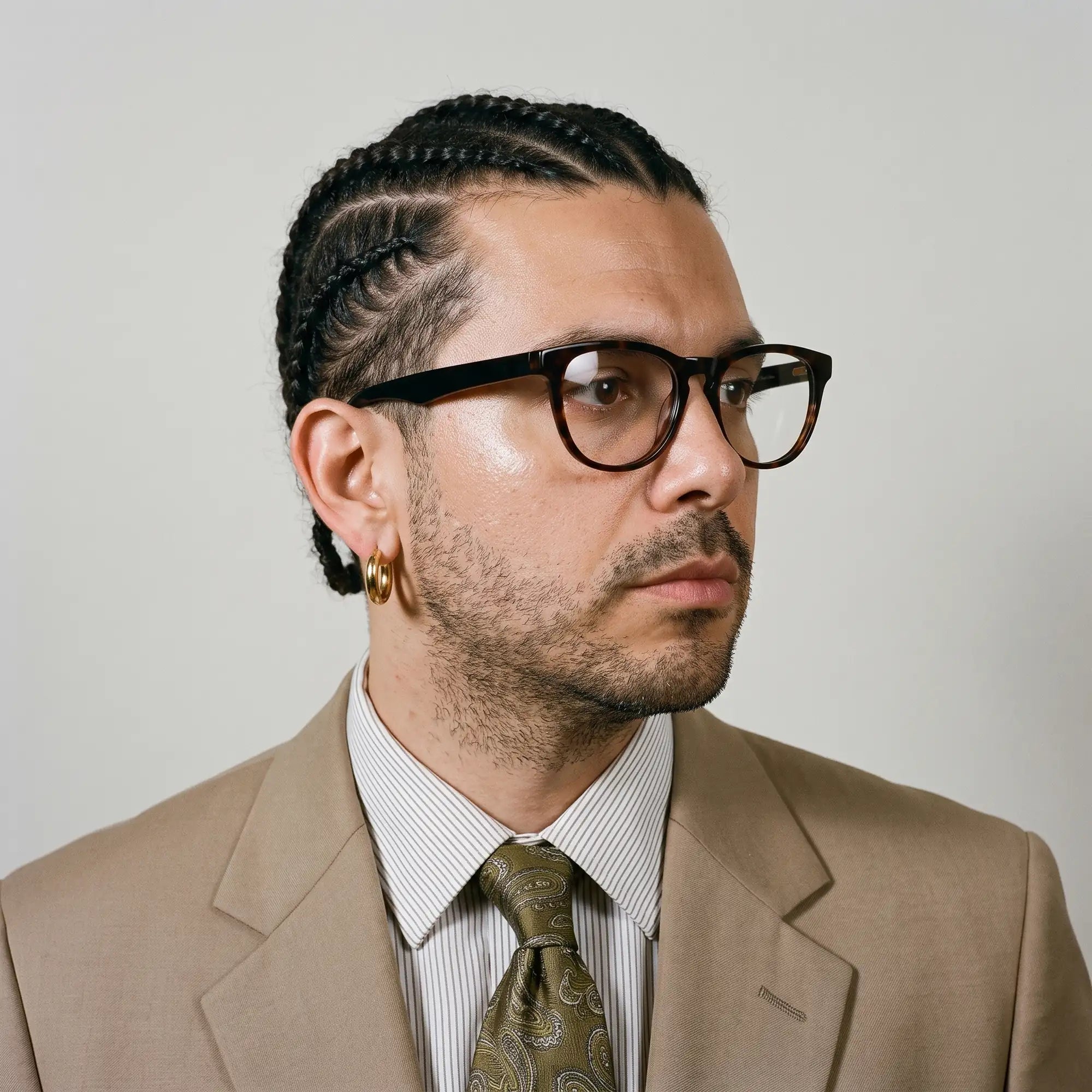 Fiore 4488 eyeglasses in tortoiseshell, worn by a model – campaign portrait, clean beige studio three-quarter portrait