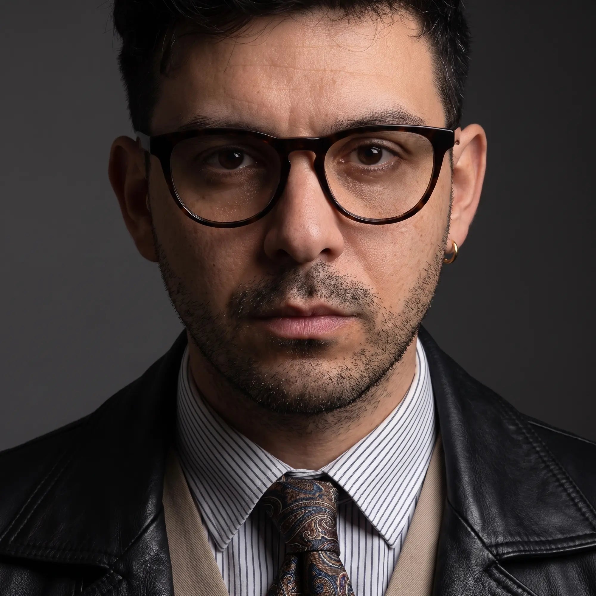 Fiore 4488 eyeglasses in tortoiseshell, worn by a model – campaign portrait, minimal studio portrait in soft daylight
