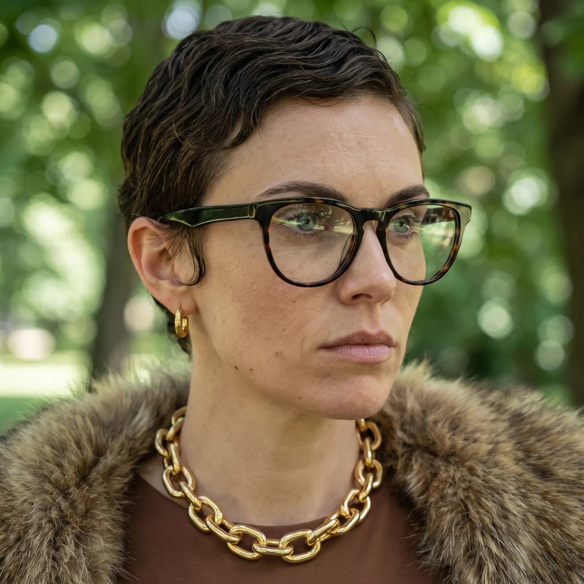 Fiore 4488 eyeglasses in tortoiseshell, worn by a model – campaign portrait, fur-collar portrait in dappled daylight