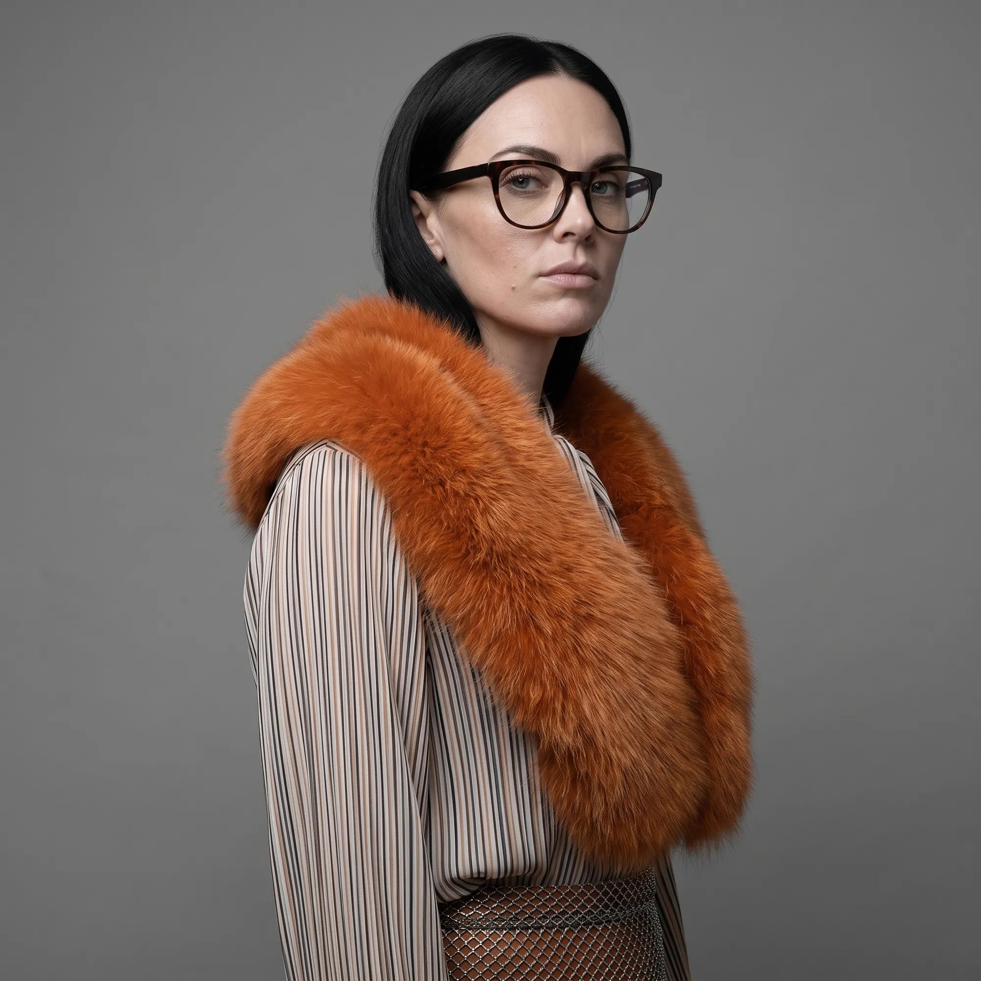 Fiore 4488 eyeglasses in tortoiseshell, worn by a model – campaign portrait, bold studio pose in vintage tweed
