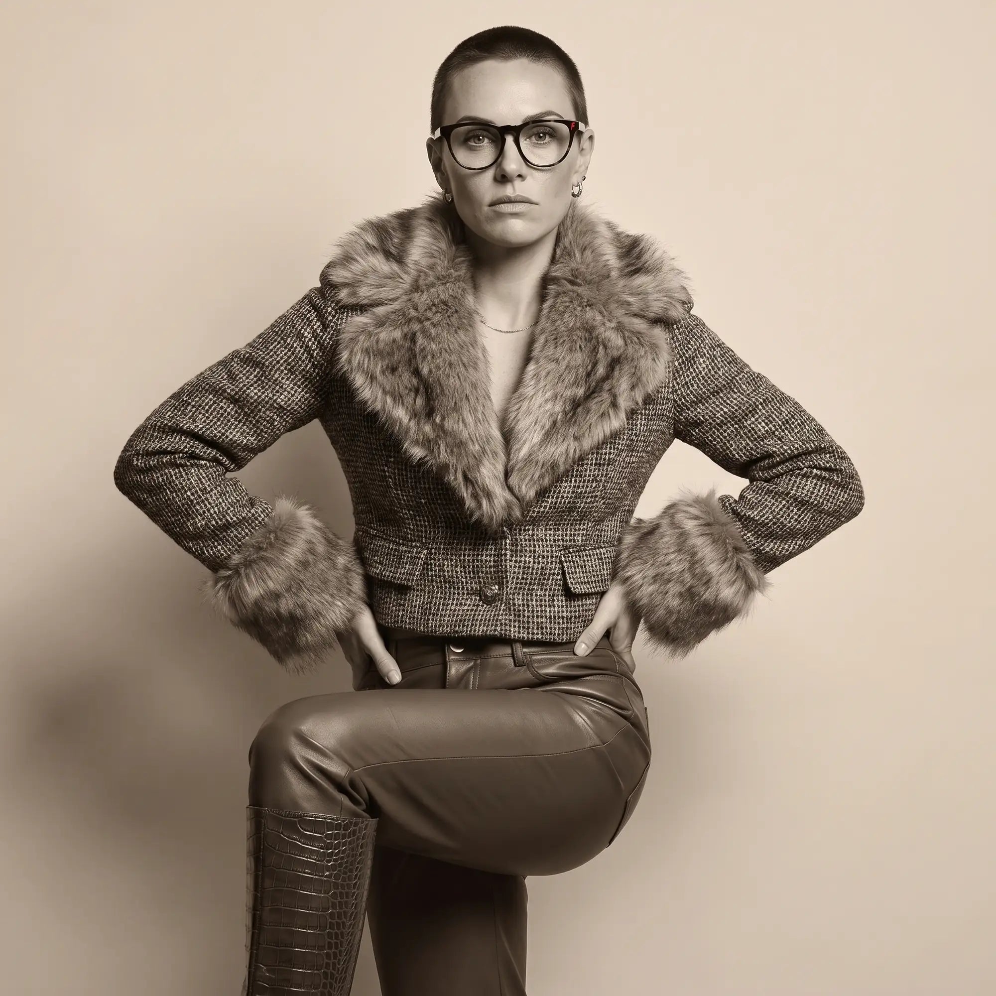 Fiore 4488 eyeglasses in tortoiseshell, worn by a model – campaign portrait, full-length studio portrait in tweed and leather
