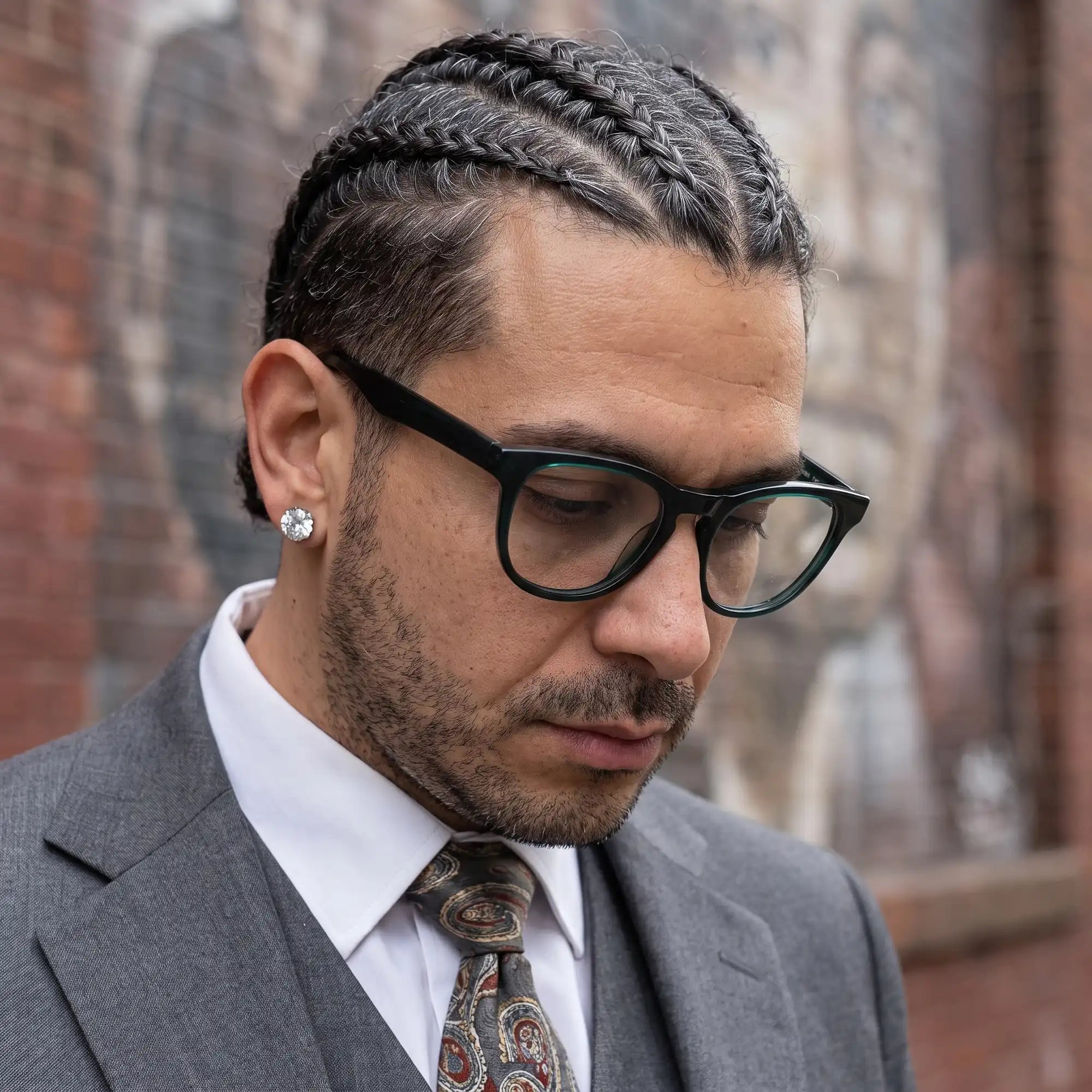 Fiore 4488 eyeglasses in green, worn by a model – campaign portrait, pensive portrait against a painted brick mural