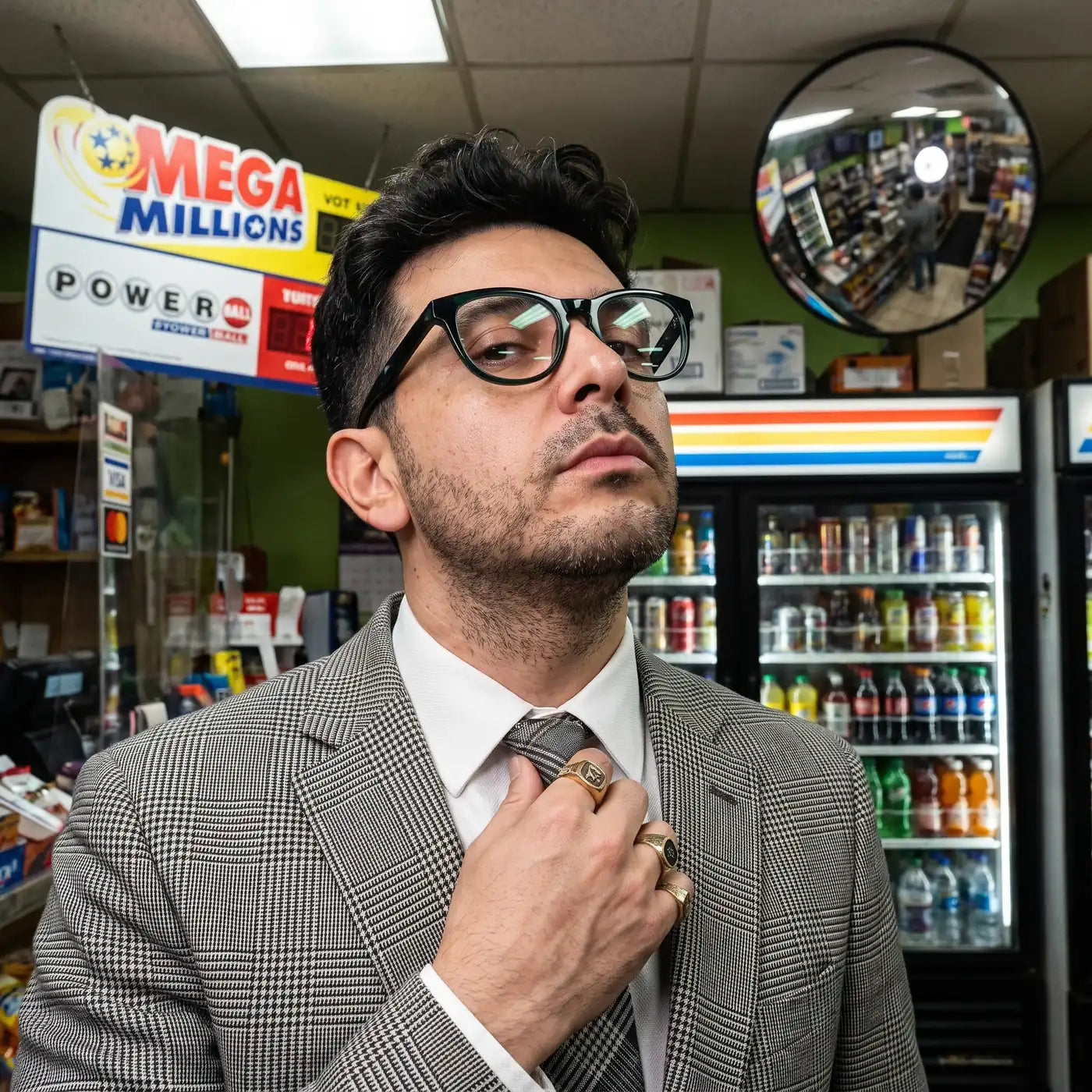 Fiore 4488 eyeglasses in green, worn by a model – campaign portrait, city heritage portrait on a mural wall