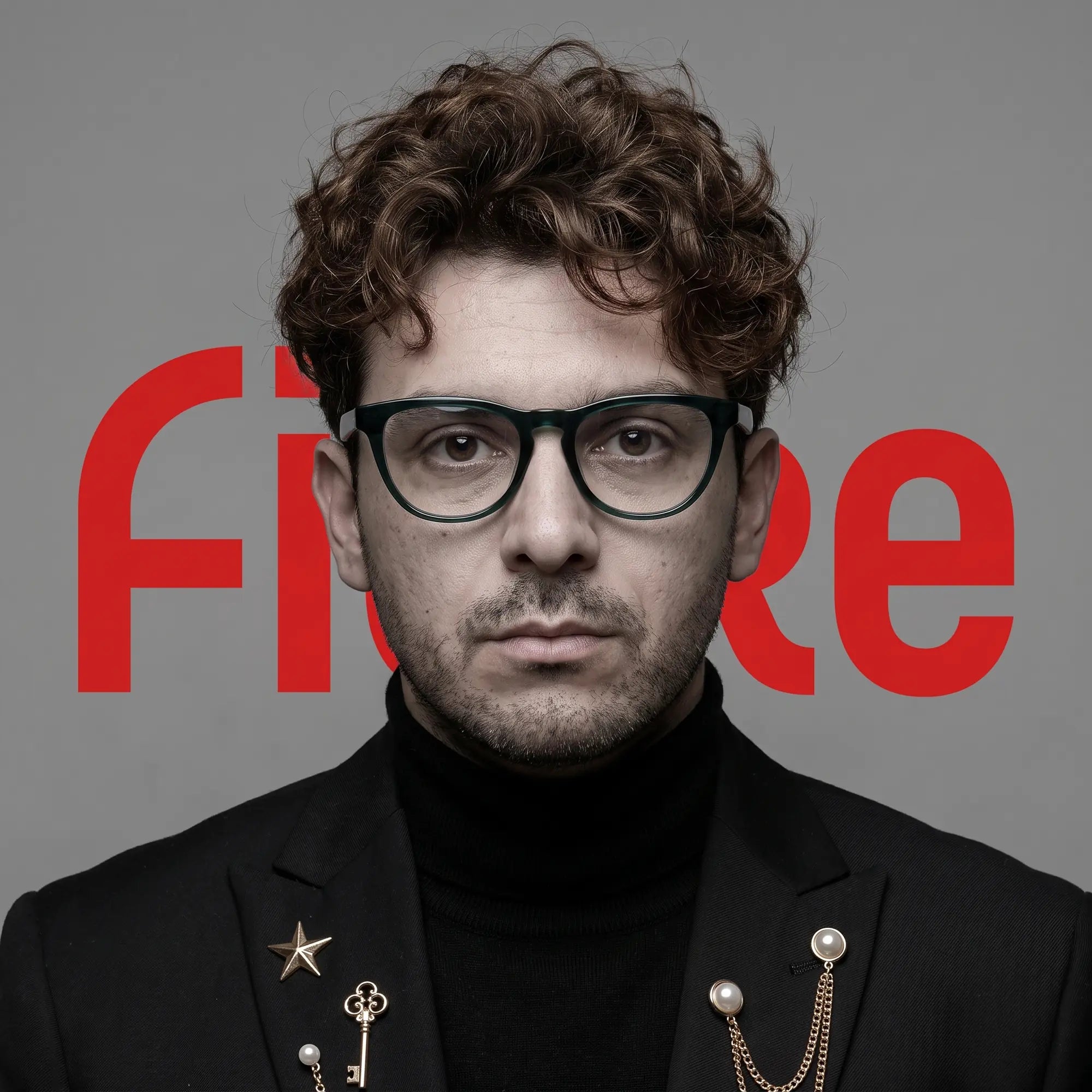 Fiore 4488 eyeglasses in green, worn by a model – campaign portrait, graphic studio portrait with bold red shapes
