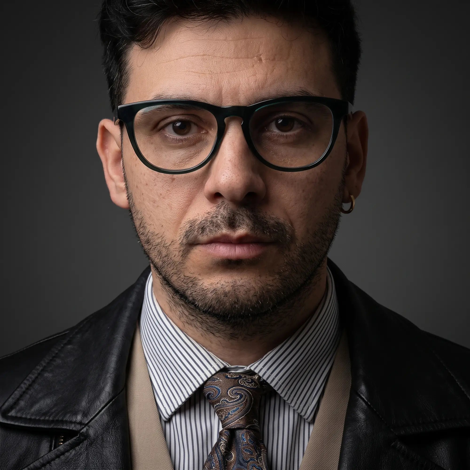 Fiore 4488 eyeglasses in green, worn by a model – campaign portrait, minimal studio portrait in soft daylight