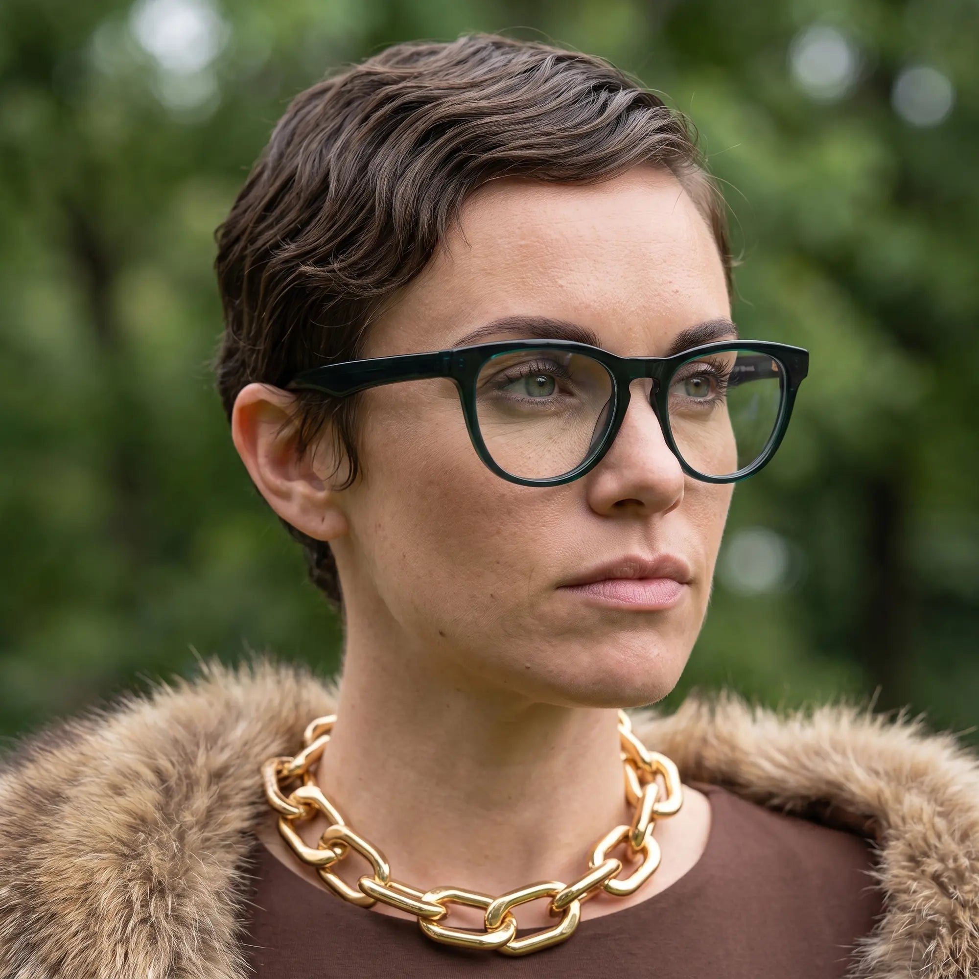 Fiore 4488 eyeglasses in green, worn by a model – campaign portrait, fur-collar portrait in dappled daylight