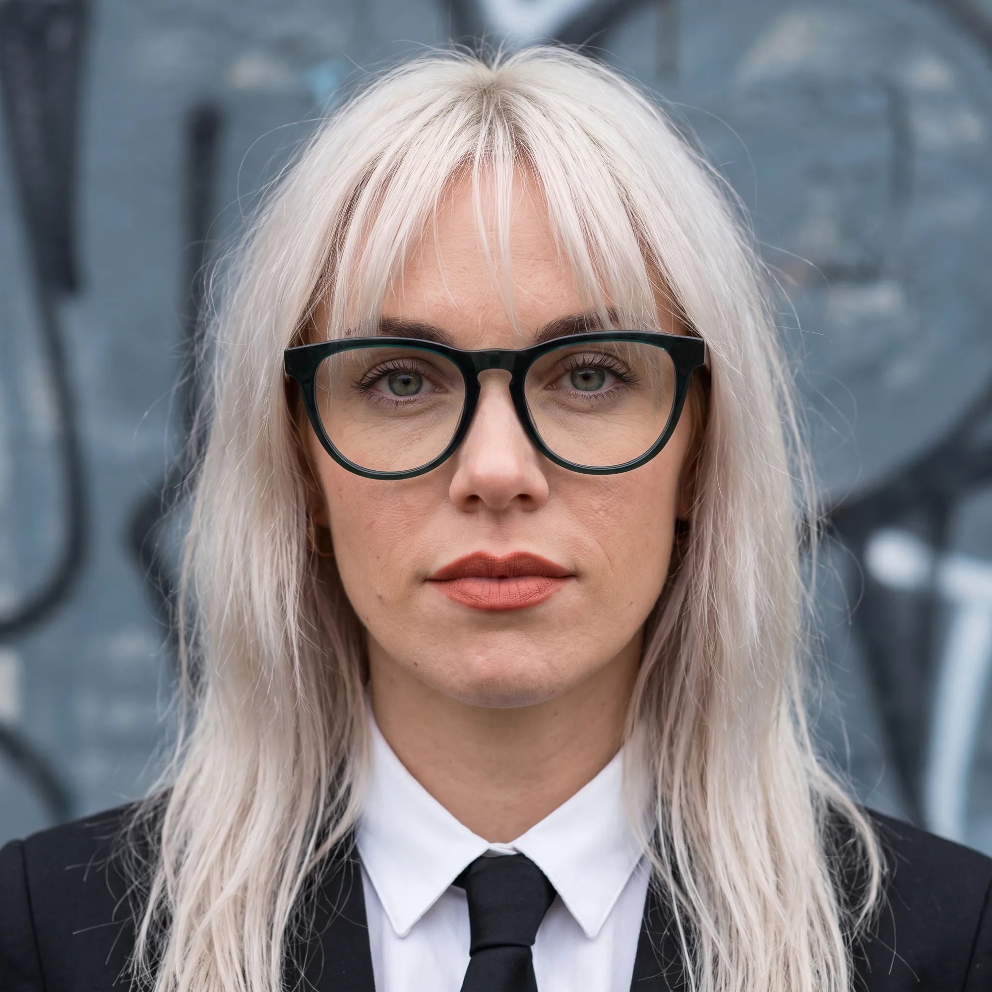 Fiore 4488 eyeglasses in green, worn by a model – campaign portrait, confident portrait with gold chain necklace