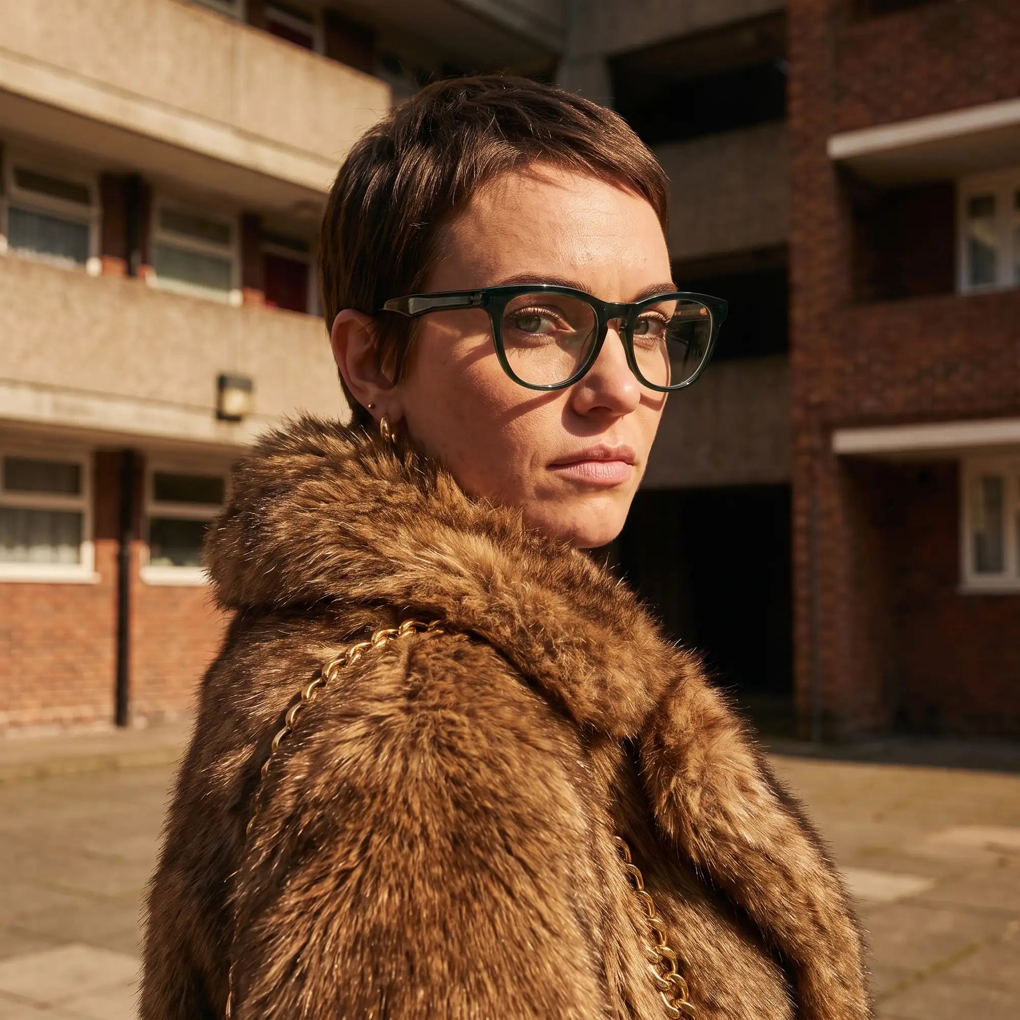 Fiore 4488 eyeglasses in green, worn by a model – campaign portrait, street portrait rooted in city heritage