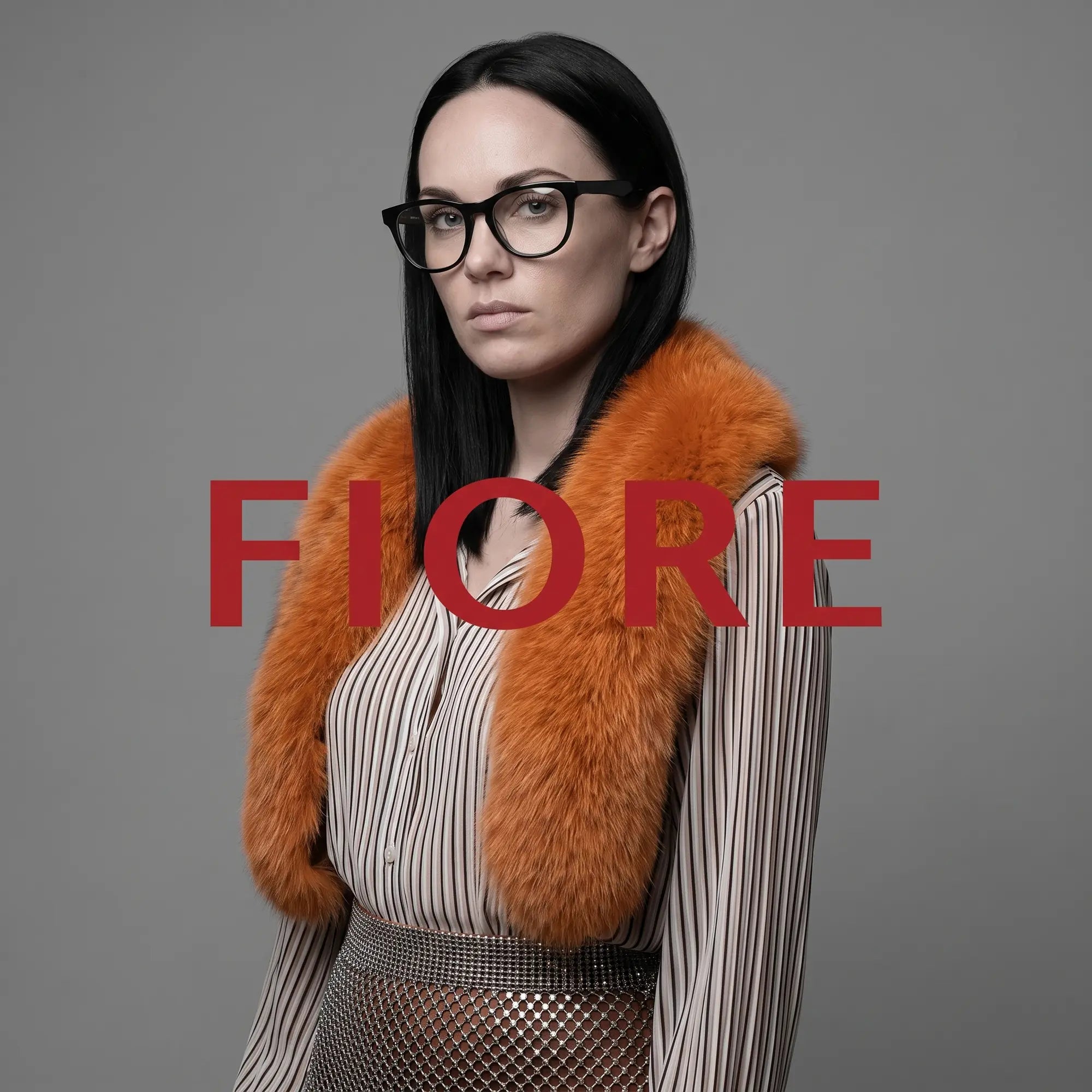 Fiore 4488 eyeglasses in green, worn by a model – campaign portrait, bold studio pose in vintage tweed