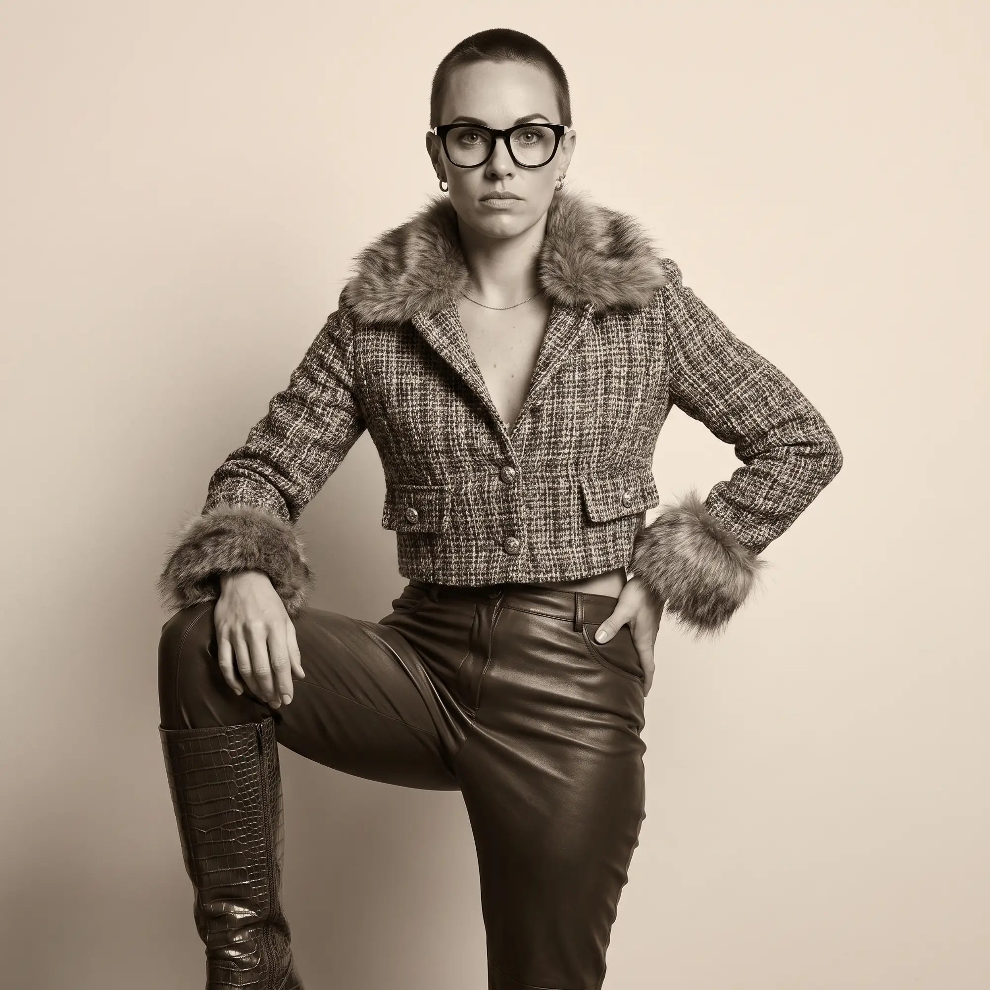 Fiore 4488 eyeglasses in green, worn by a model – campaign portrait, full-length studio portrait in tweed and leather