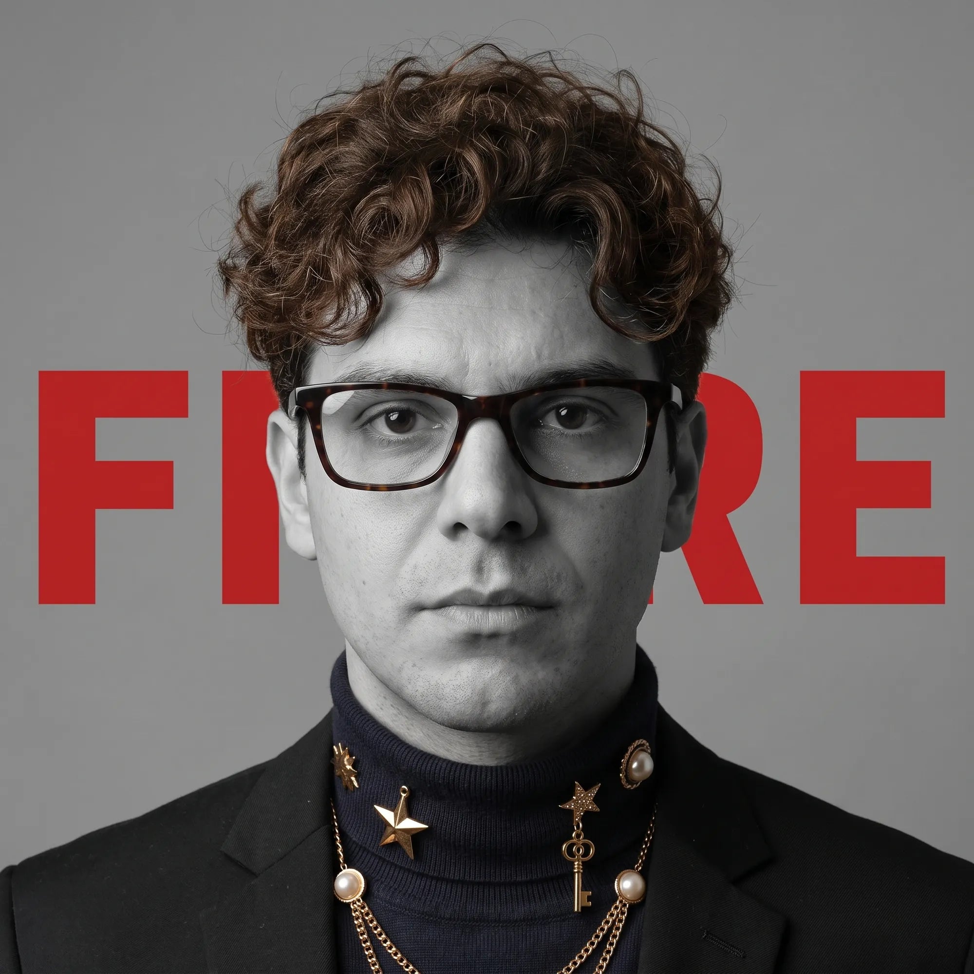 Fiore 5228 eyeglasses in tortoiseshell, worn by a model – campaign portrait, graphic studio portrait with bold red shapes