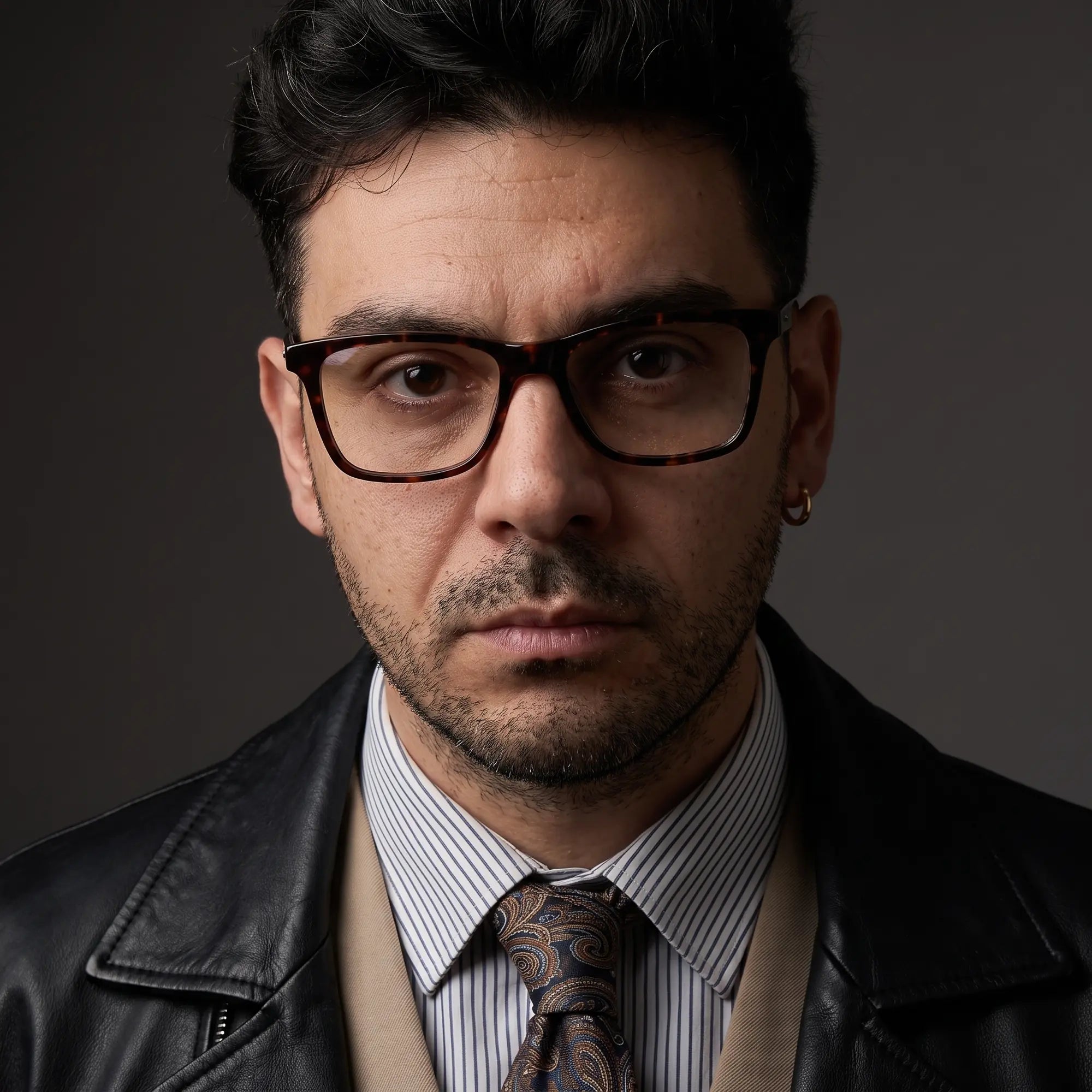 Fiore 5228 eyeglasses in tortoiseshell, worn by a model – campaign portrait, minimal studio portrait in soft daylight