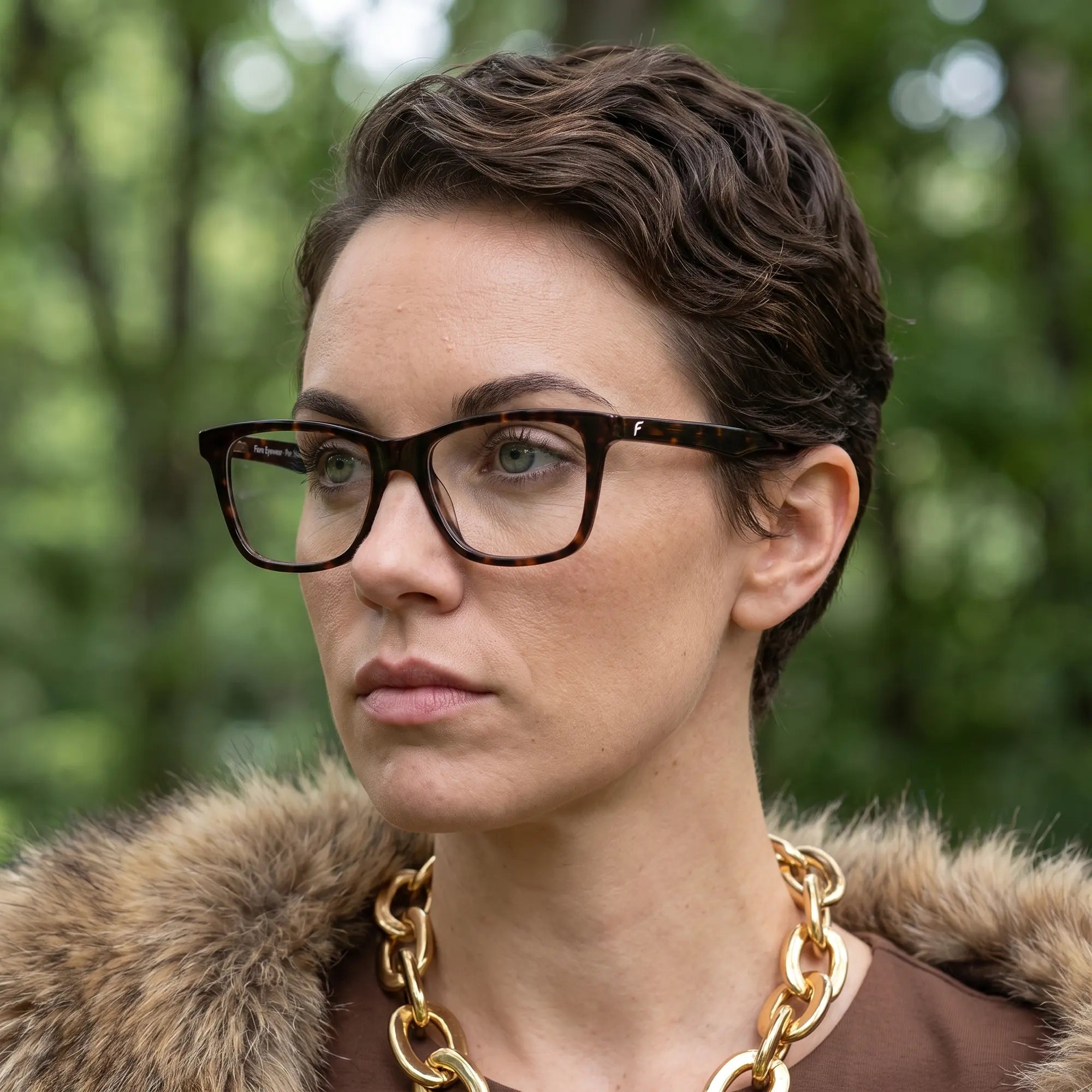 Fiore 5228 eyeglasses in tortoiseshell, worn by a model – campaign portrait, fur-collar portrait in dappled daylight