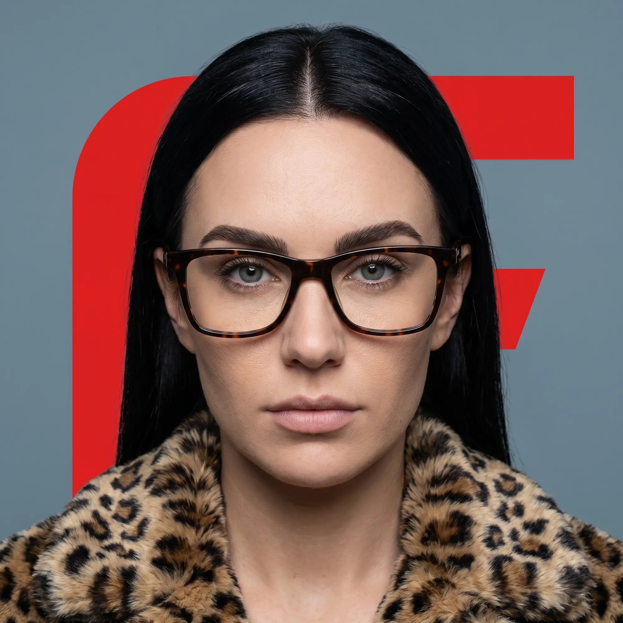 Fiore 5228 eyeglasses in tortoiseshell, worn by a model – campaign portrait, studio portrait with sculptural styling