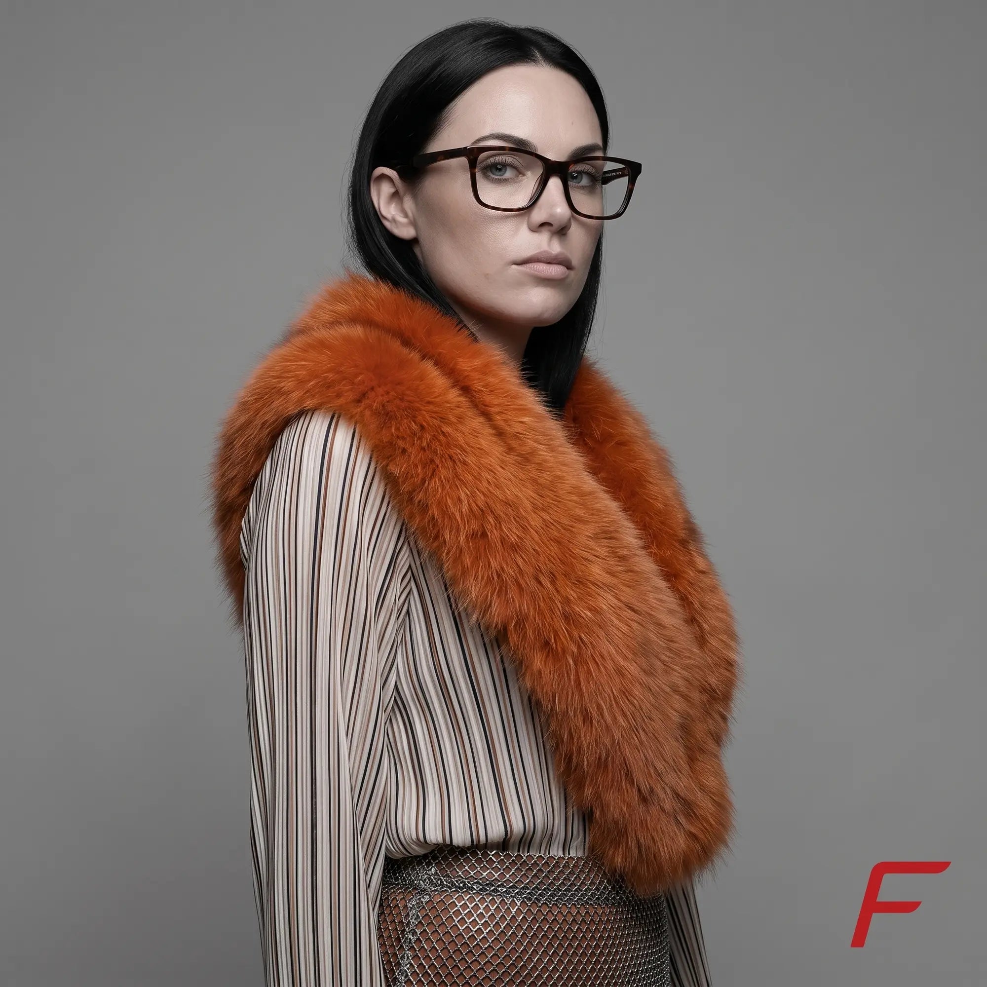 Fiore 5228 eyeglasses in tortoiseshell, worn by a model – campaign portrait, bold studio pose in vintage tweed