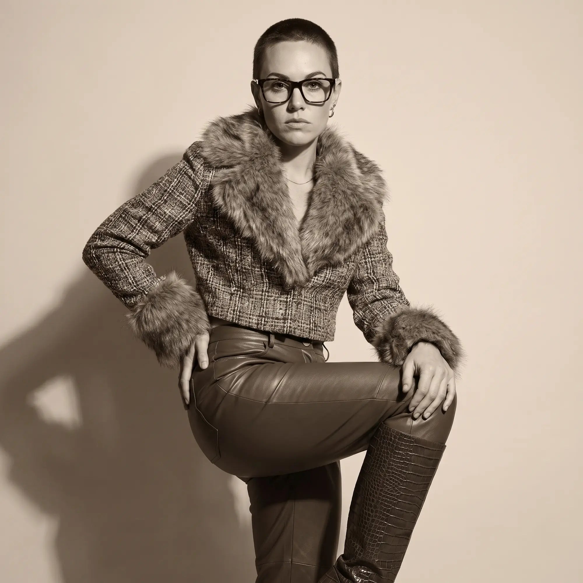 Fiore 5228 eyeglasses in tortoiseshell, worn by a model – campaign portrait, full-length studio portrait in tweed and leather