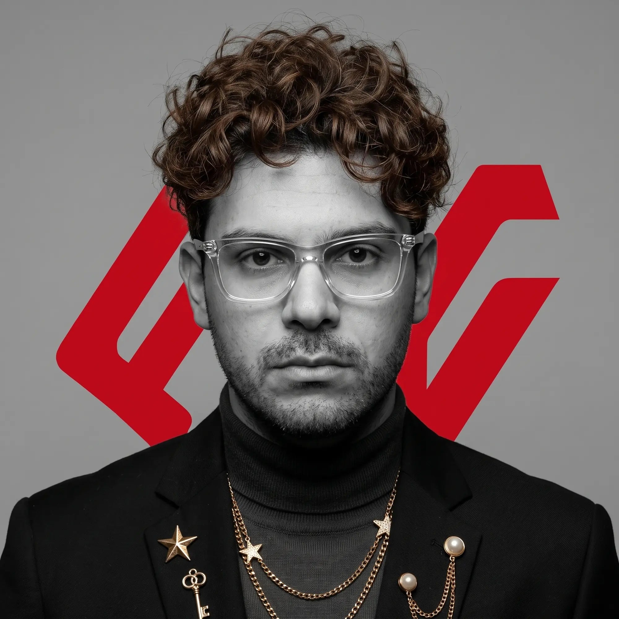 Fiore 5228 eyeglasses in transparent, worn by a model – campaign portrait, graphic studio portrait with bold red shapes
