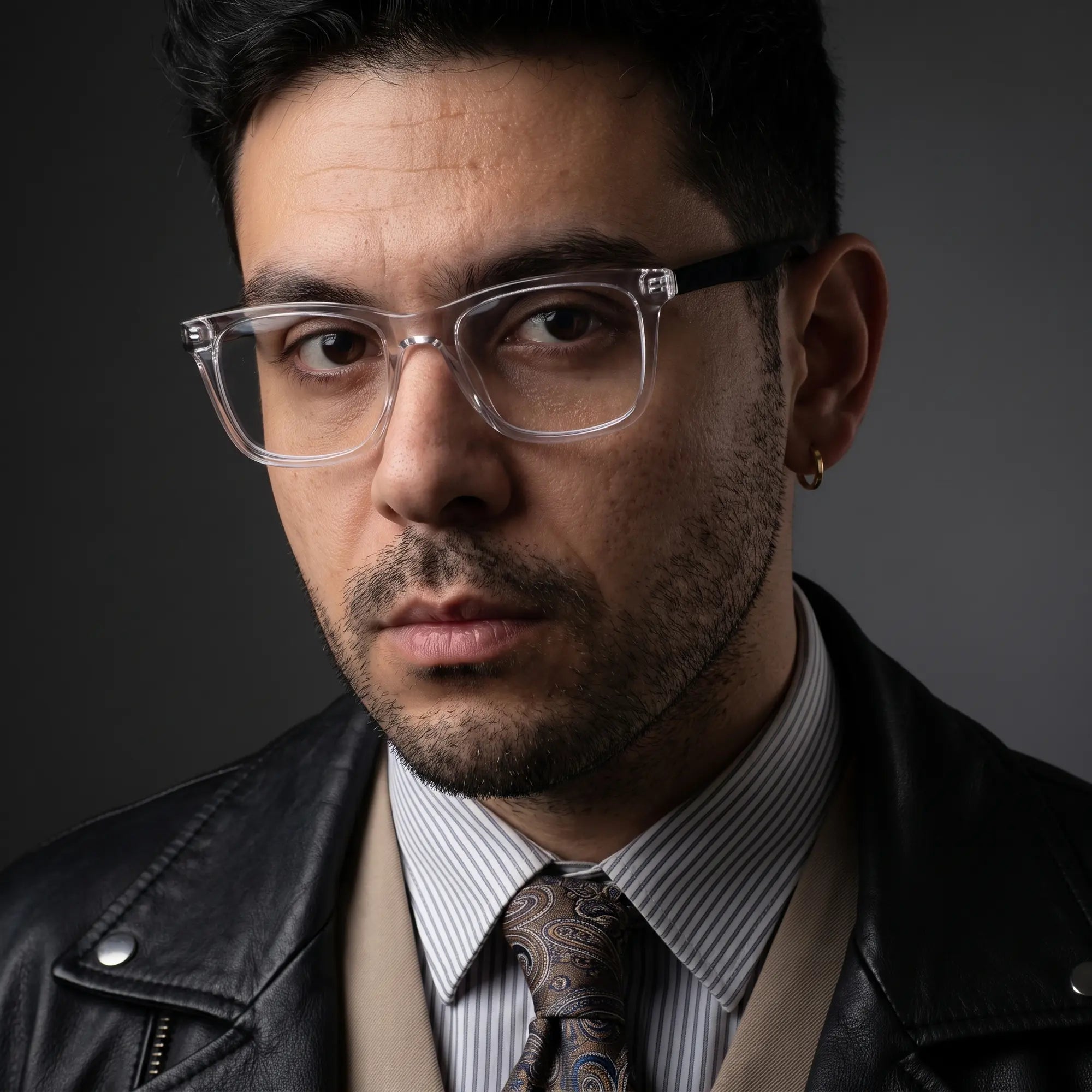 Fiore 5228 eyeglasses in transparent, worn by a model – campaign portrait, minimal studio portrait in soft daylight