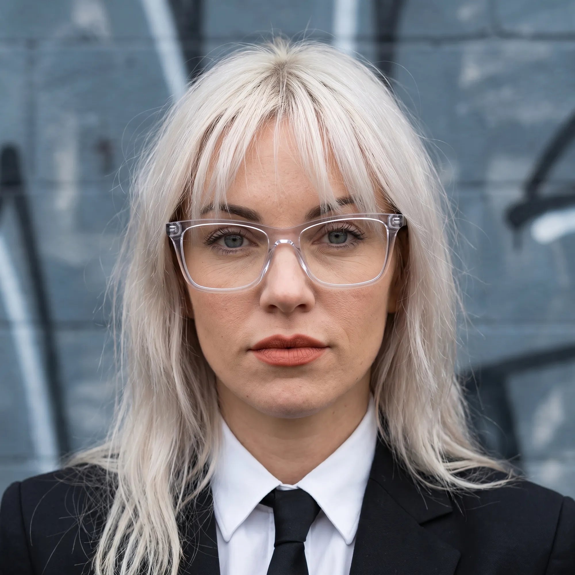Fiore 5228 eyeglasses in transparent, worn by a model – campaign portrait, confident portrait with gold chain necklace