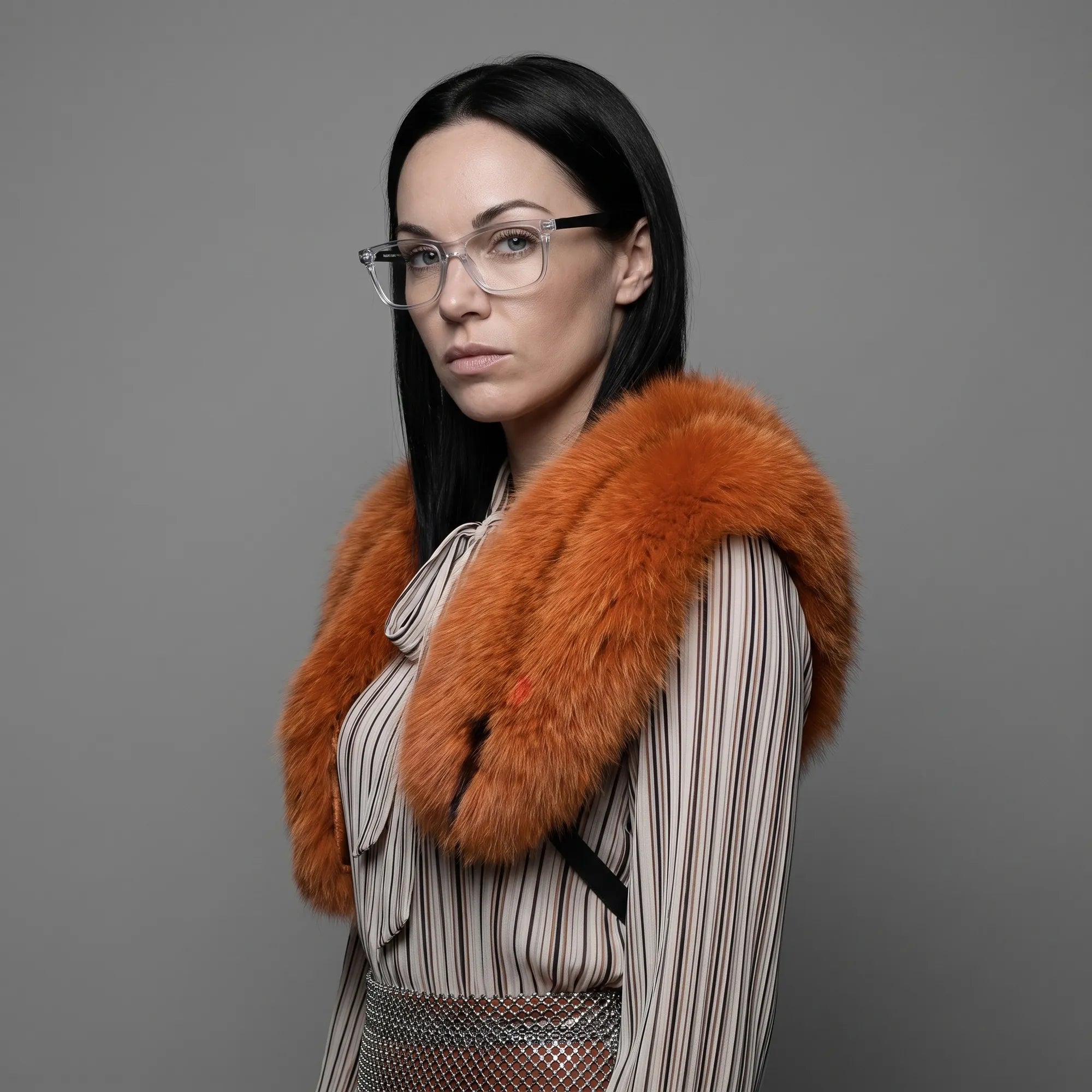 Fiore 5228 eyeglasses in transparent, worn by a model – campaign portrait, bold studio pose in vintage tweed