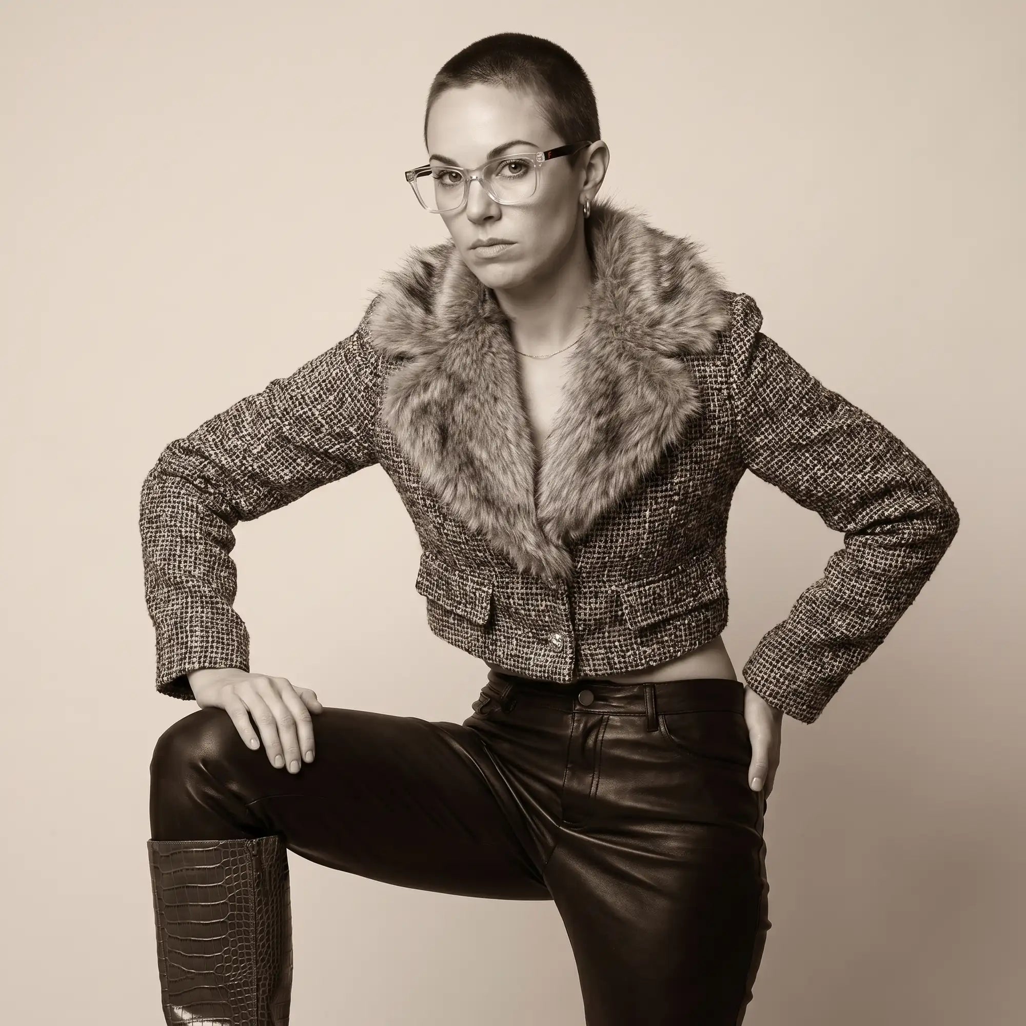 Fiore 5228 eyeglasses in transparent, worn by a model – campaign portrait, full-length studio portrait in tweed and leather
