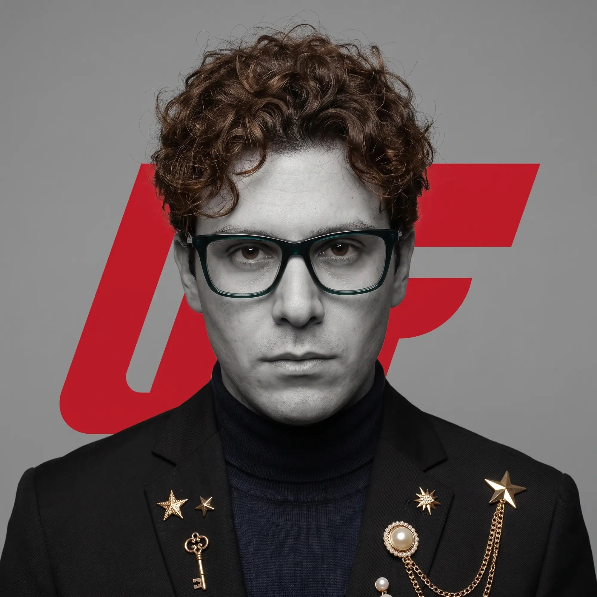Fiore 5228 eyeglasses in green, worn by a model – campaign portrait, graphic studio portrait with bold red shapes